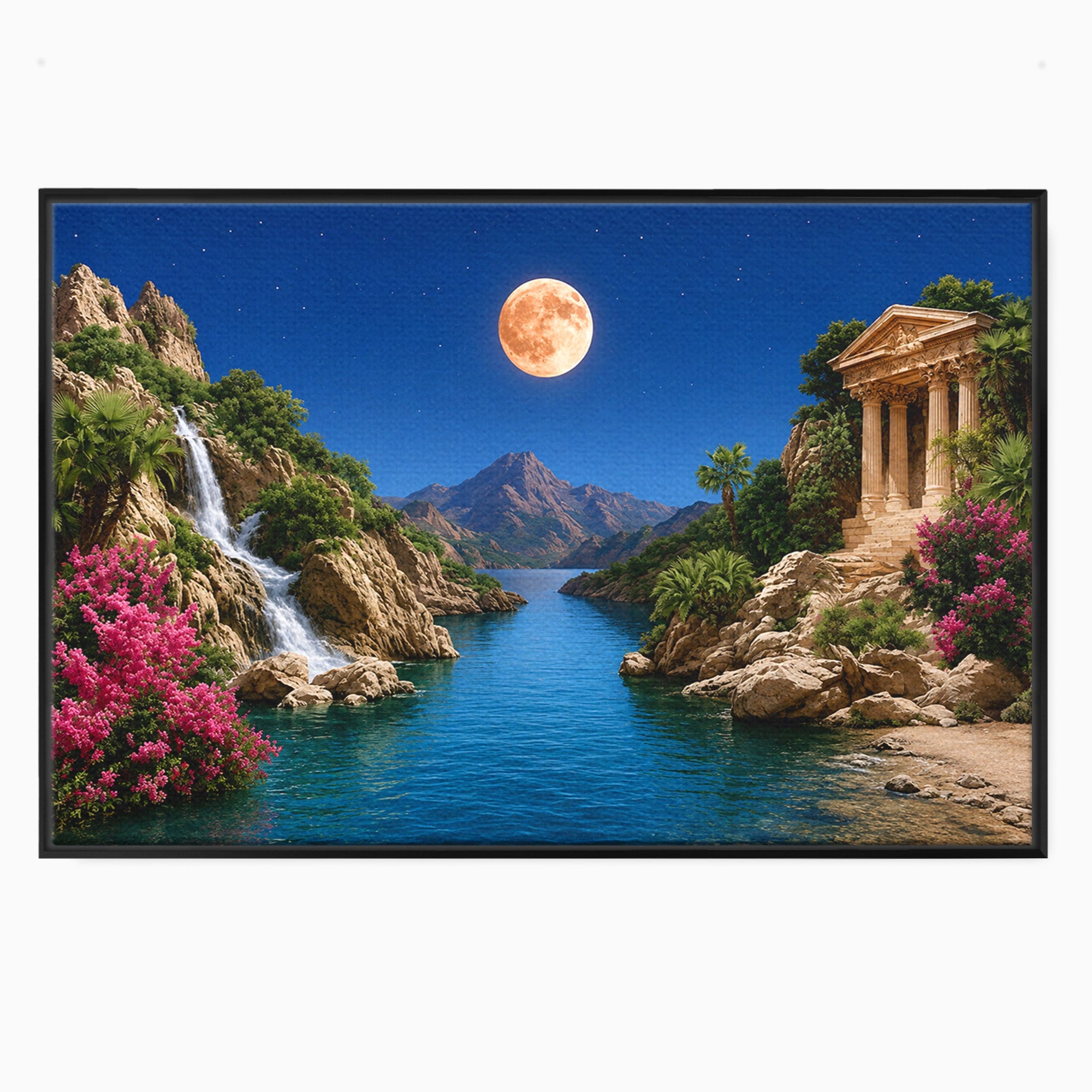 Tablou Canvas Premium LuxCanva® A1696, Peisaj Lunar De Vis, Peisaj, Luna, Rau, Templu, Natura, Living, Culori Vibrante