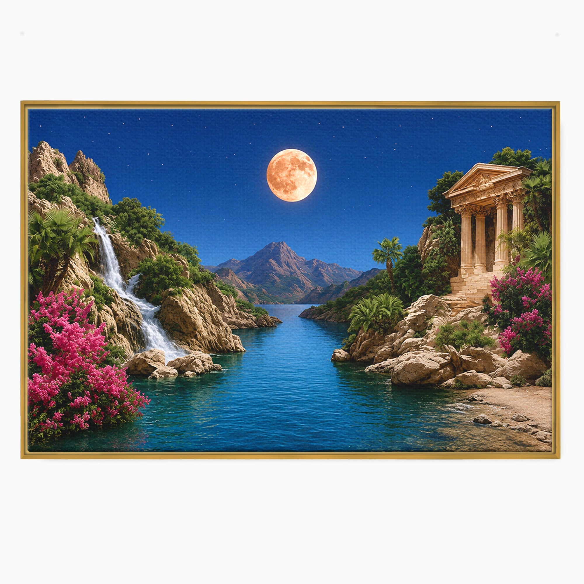 Tablou Canvas Premium LuxCanva® A1696, Peisaj Lunar De Vis, Peisaj, Luna, Rau, Templu, Natura, Living, Culori Vibrante