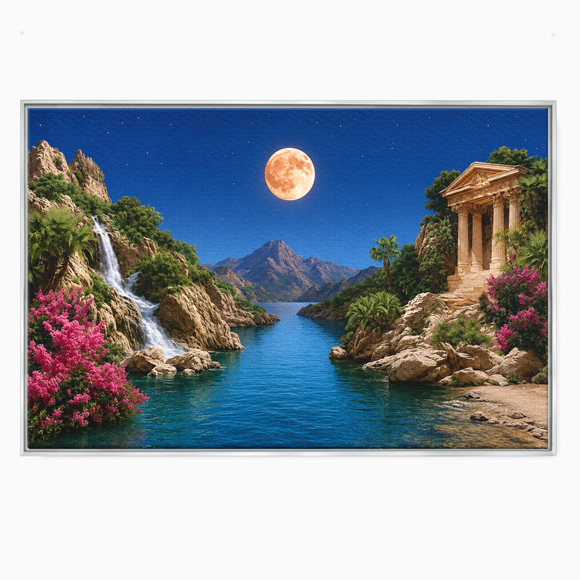 Tablou Canvas Premium LuxCanva® A1696, Peisaj Lunar De Vis, Peisaj, Luna, Rau, Templu, Natura, Living, Culori Vibrante