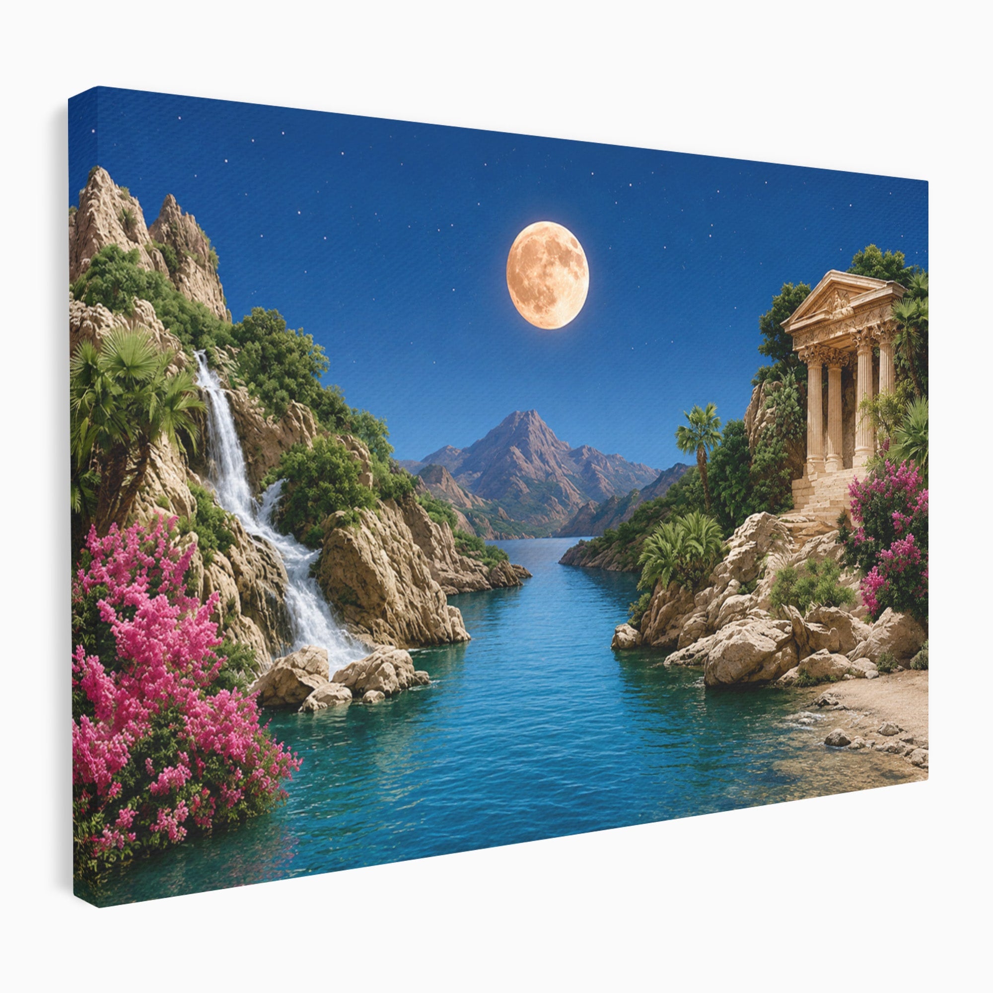 Tablou Canvas Premium LuxCanva® A1696, Peisaj Lunar De Vis, Peisaj, Luna, Rau, Templu, Natura, Living, Culori Vibrante