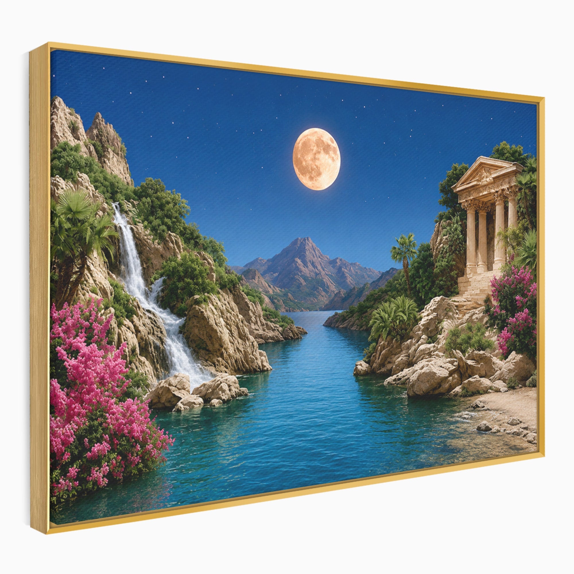 Tablou Canvas Premium LuxCanva® A1696, Peisaj Lunar De Vis, Peisaj, Luna, Rau, Templu, Natura, Living, Culori Vibrante