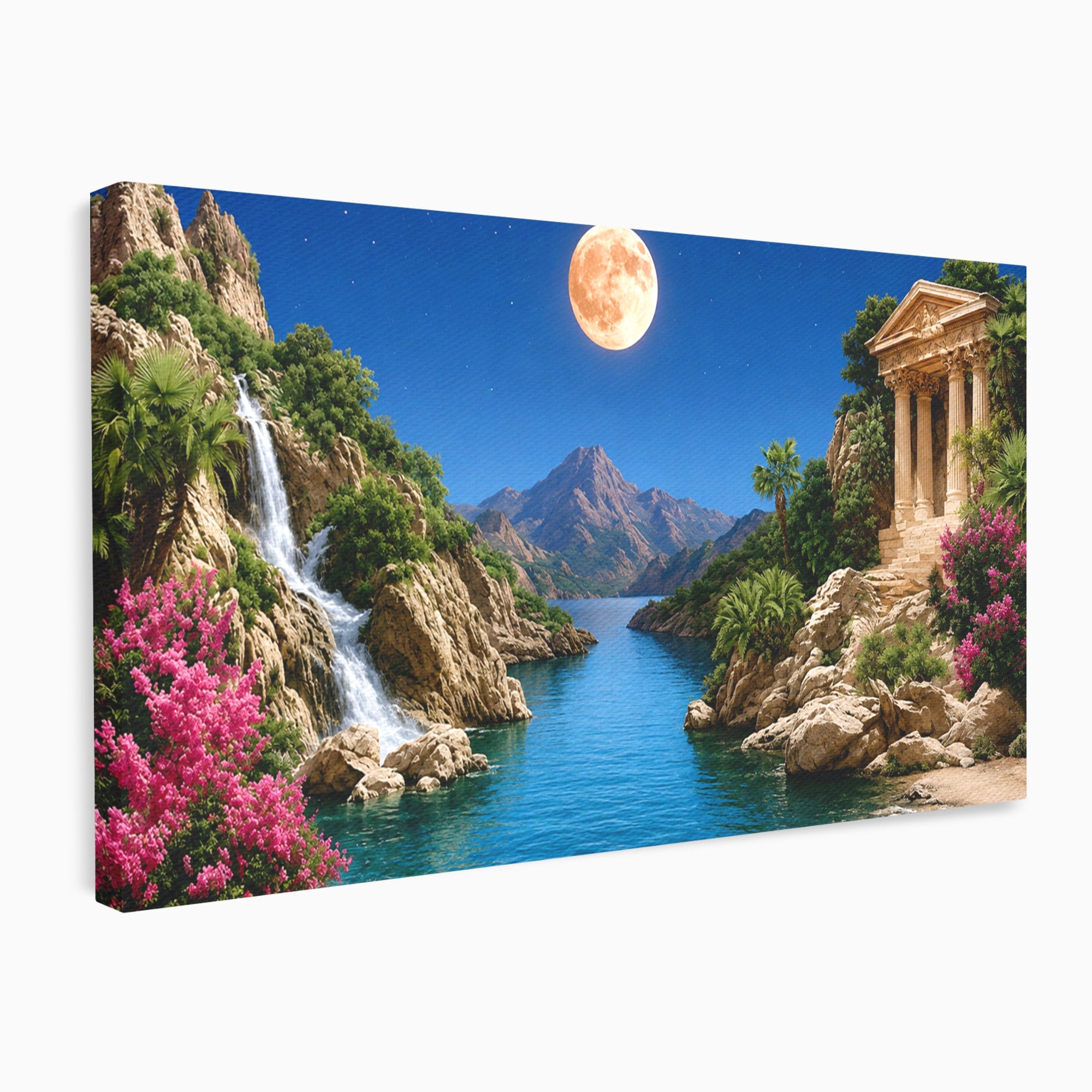 Tablou Canvas Premium LuxCanva® A1696, Peisaj Lunar De Vis, Peisaj, Luna, Rau, Templu, Natura, Living, Culori Vibrante