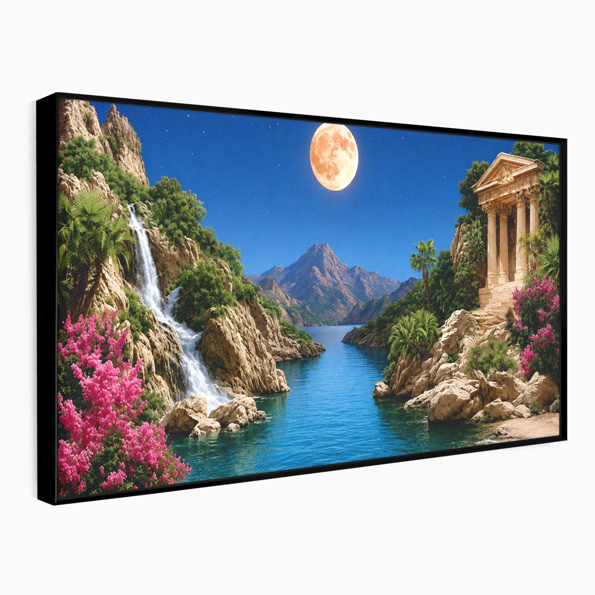 Tablou Canvas Premium LuxCanva® A1696, Peisaj Lunar De Vis, Peisaj, Luna, Rau, Templu, Natura, Living, Culori Vibrante