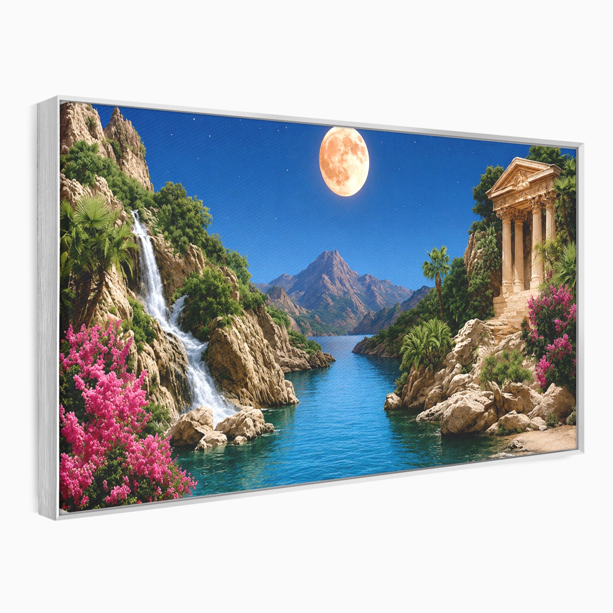 Tablou Canvas Premium LuxCanva® A1696, Peisaj Lunar De Vis, Peisaj, Luna, Rau, Templu, Natura, Living, Culori Vibrante