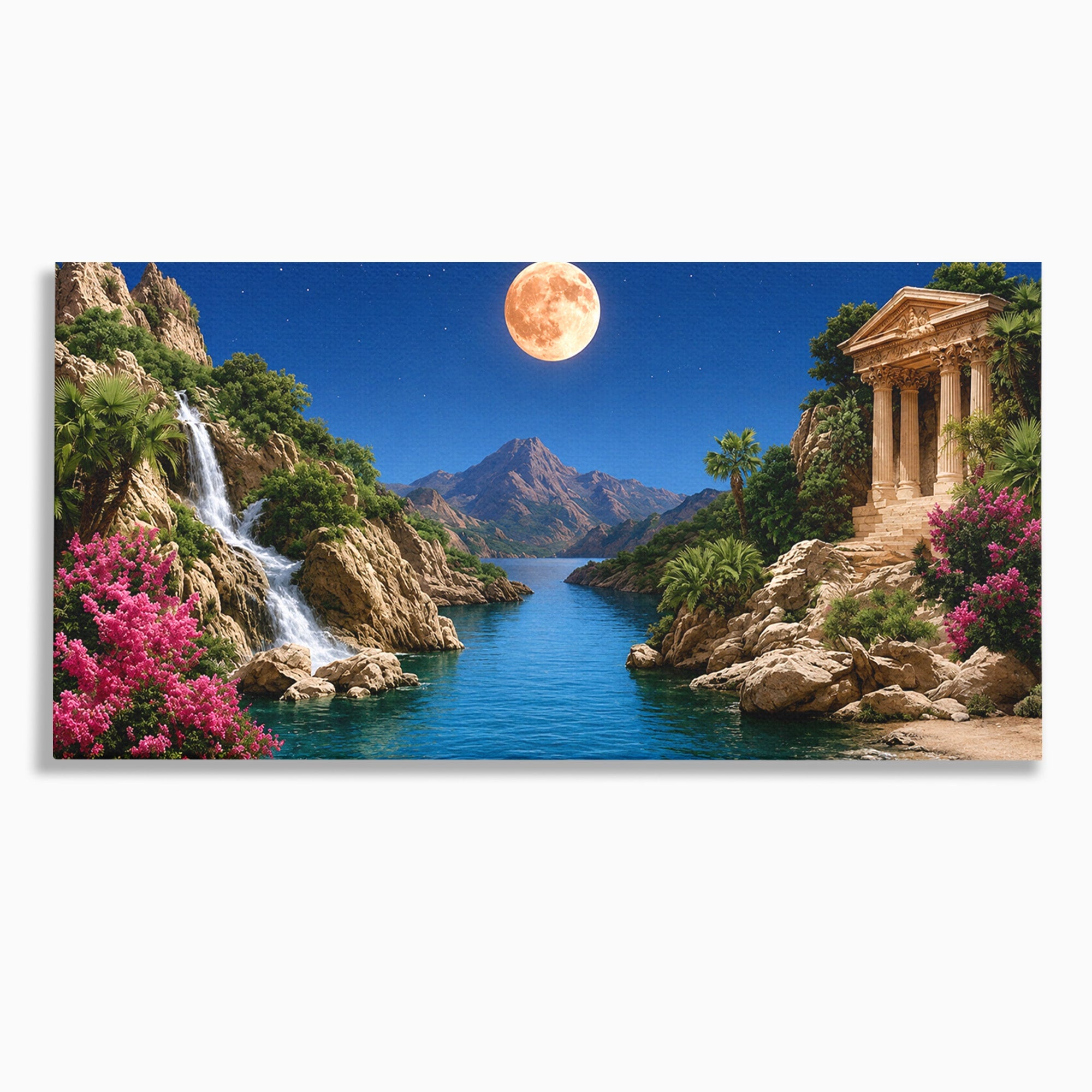 Tablou Canvas Premium LuxCanva® A1696, Peisaj Lunar De Vis, Peisaj, Luna, Rau, Templu, Natura, Living, Culori Vibrante
