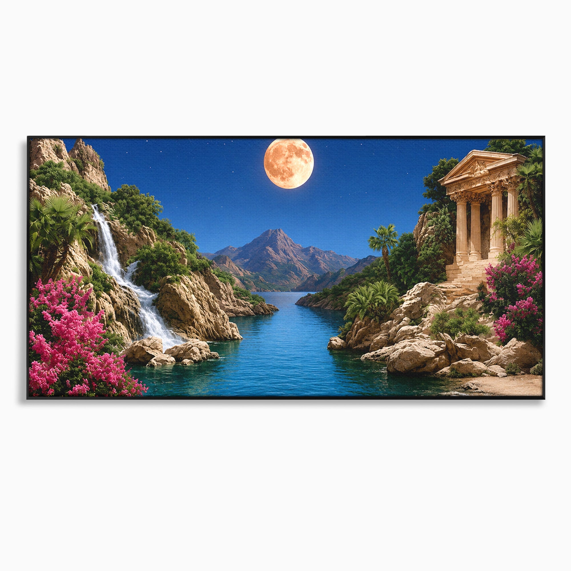 Tablou Canvas Premium LuxCanva® A1696, Peisaj Lunar De Vis, Peisaj, Luna, Rau, Templu, Natura, Living, Culori Vibrante