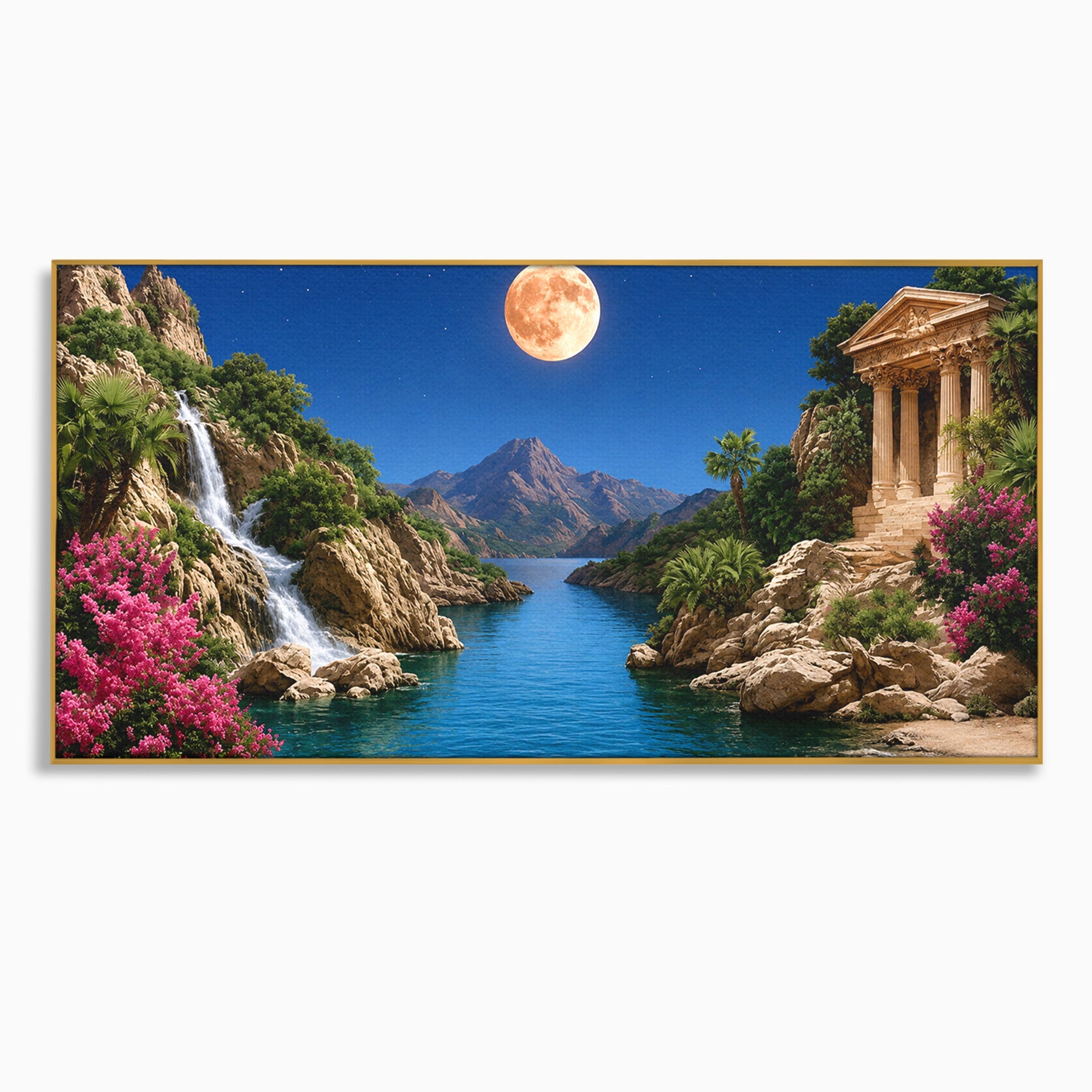 Tablou Canvas Premium LuxCanva® A1696, Peisaj Lunar De Vis, Peisaj, Luna, Rau, Templu, Natura, Living, Culori Vibrante