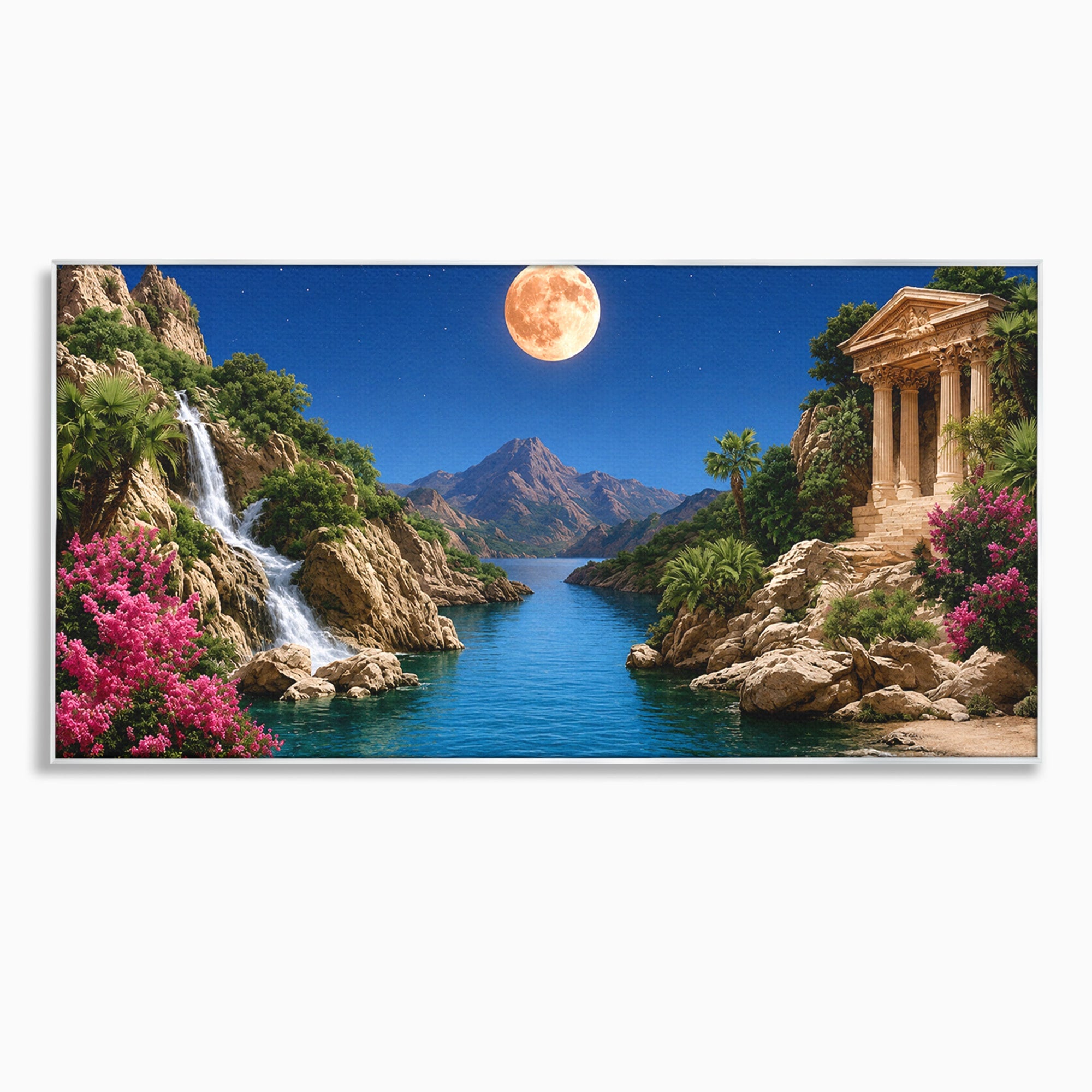 Tablou Canvas Premium LuxCanva® A1696, Peisaj Lunar De Vis, Peisaj, Luna, Rau, Templu, Natura, Living, Culori Vibrante