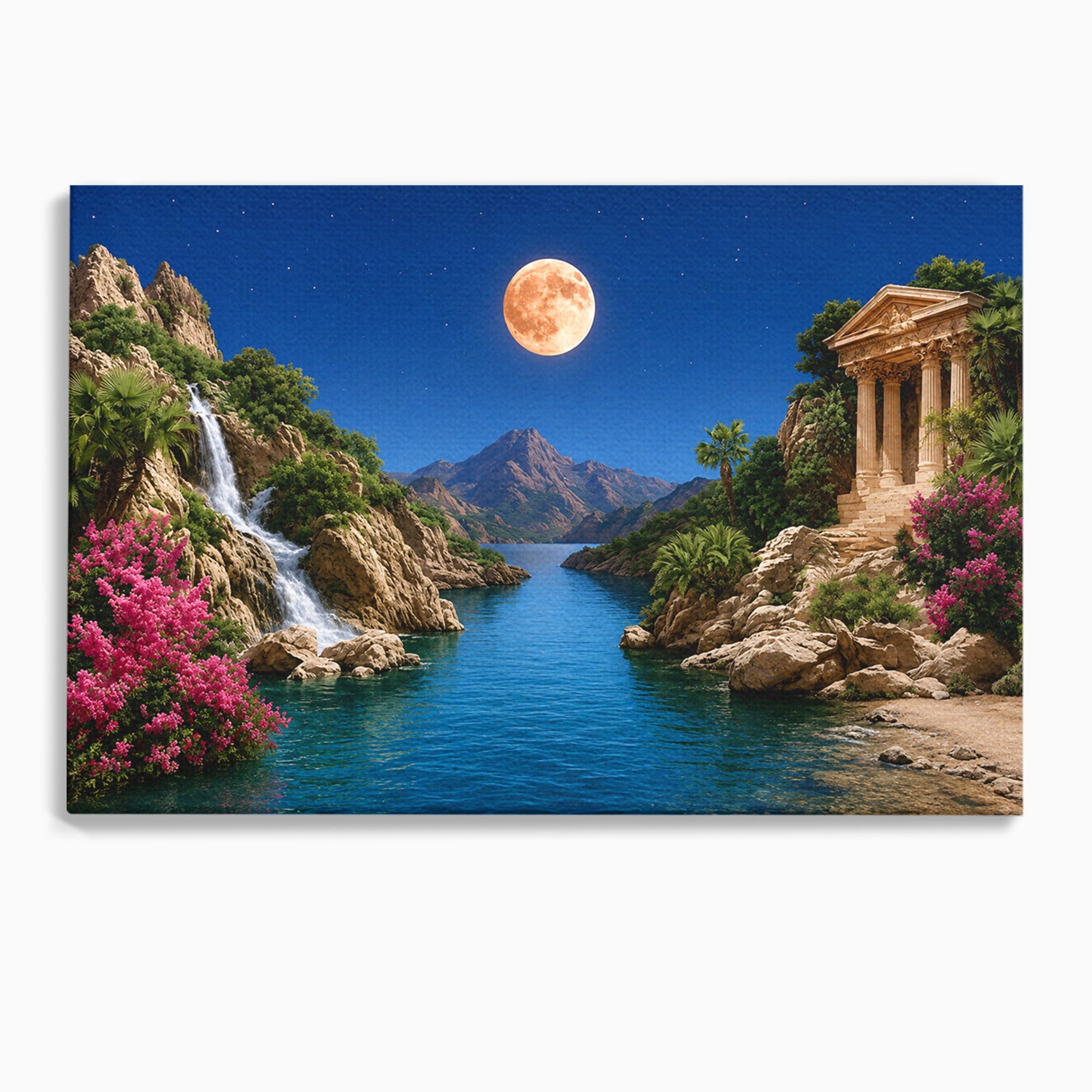 Tablou Canvas Premium LuxCanva® A1696, Peisaj Lunar De Vis, Peisaj, Luna, Rau, Templu, Natura, Living, Culori Vibrante