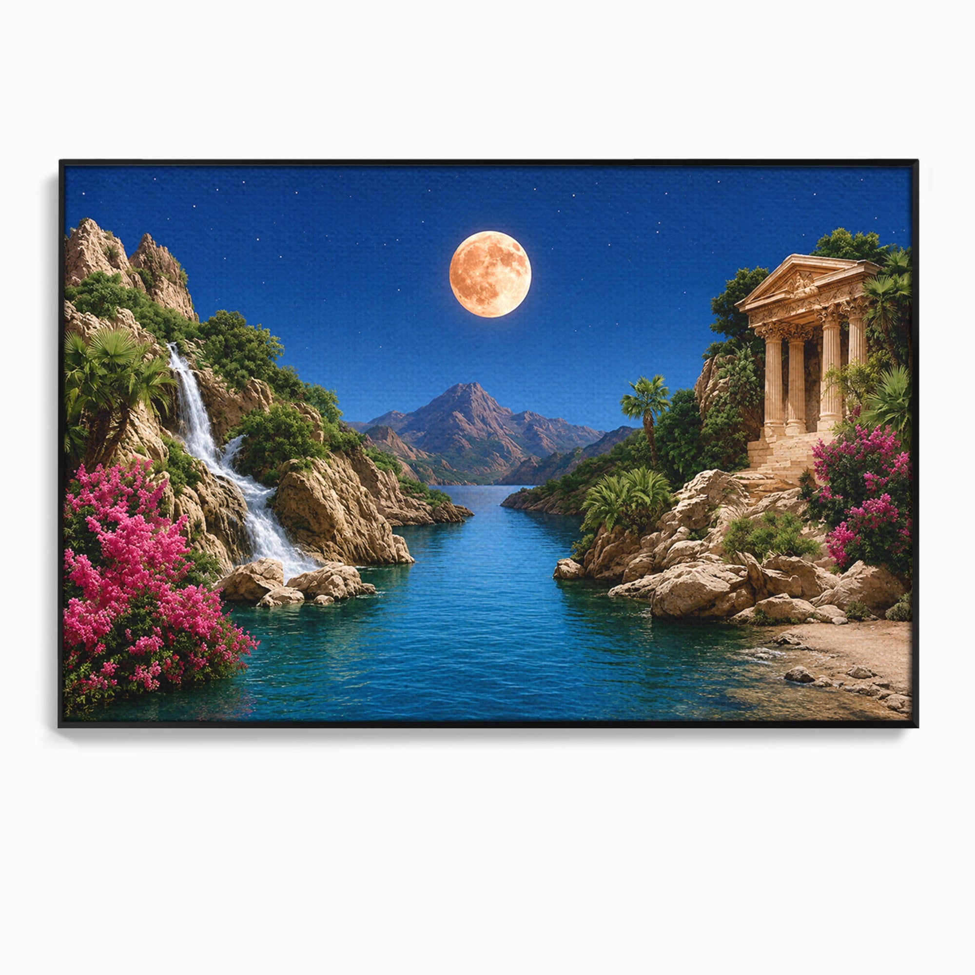 Tablou Canvas Premium LuxCanva® A1696, Peisaj Lunar De Vis, Peisaj, Luna, Rau, Templu, Natura, Living, Culori Vibrante