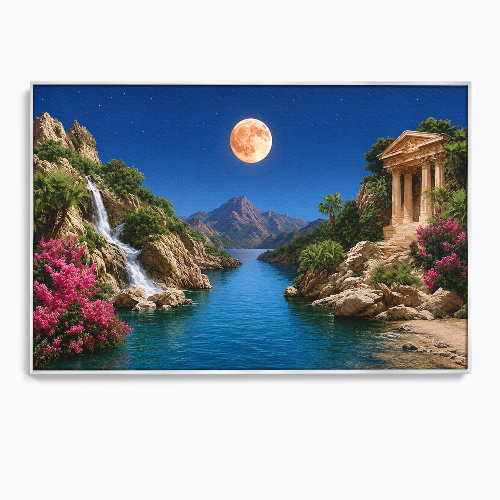 Tablou Canvas Premium LuxCanva® A1696, Peisaj Lunar De Vis, Peisaj, Luna, Rau, Templu, Natura, Living, Culori Vibrante
