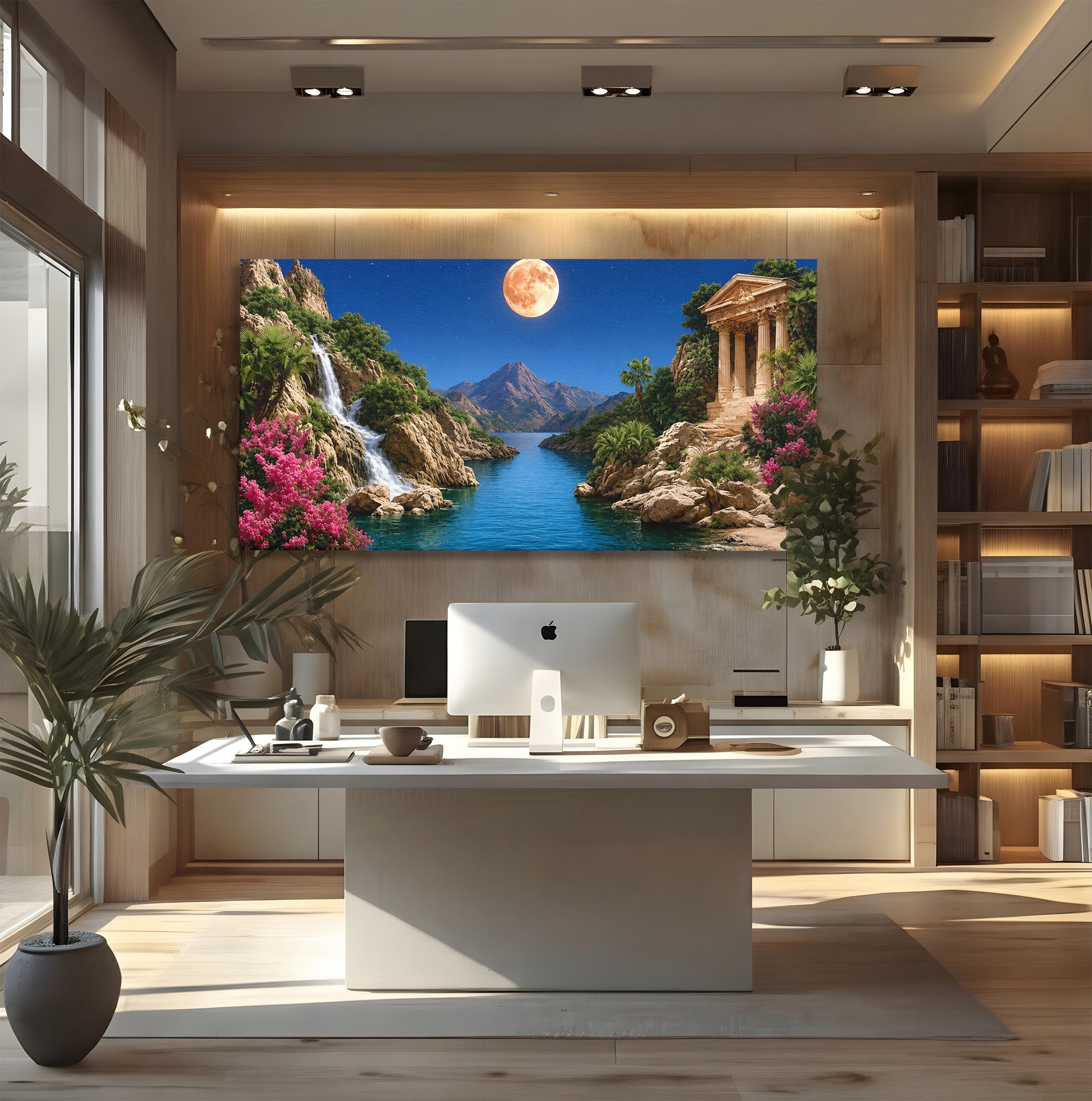 Tablou Canvas Premium LuxCanva® A1696, Peisaj Lunar De Vis, Peisaj, Luna, Rau, Templu, Natura, Living, Culori Vibrante