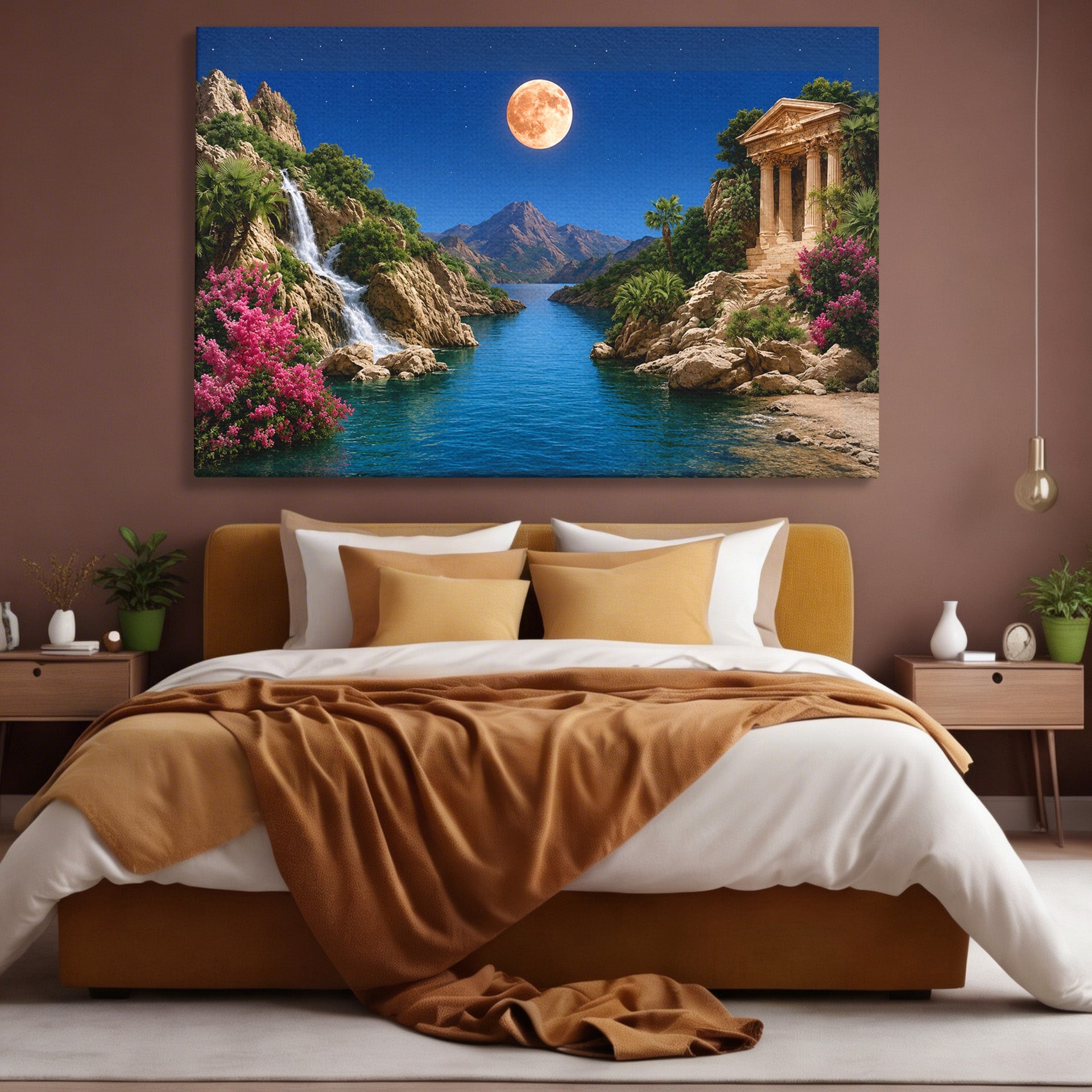 Tablou Canvas Premium LuxCanva® A1696, Peisaj Lunar De Vis, Peisaj, Luna, Rau, Templu, Natura, Living, Culori Vibrante