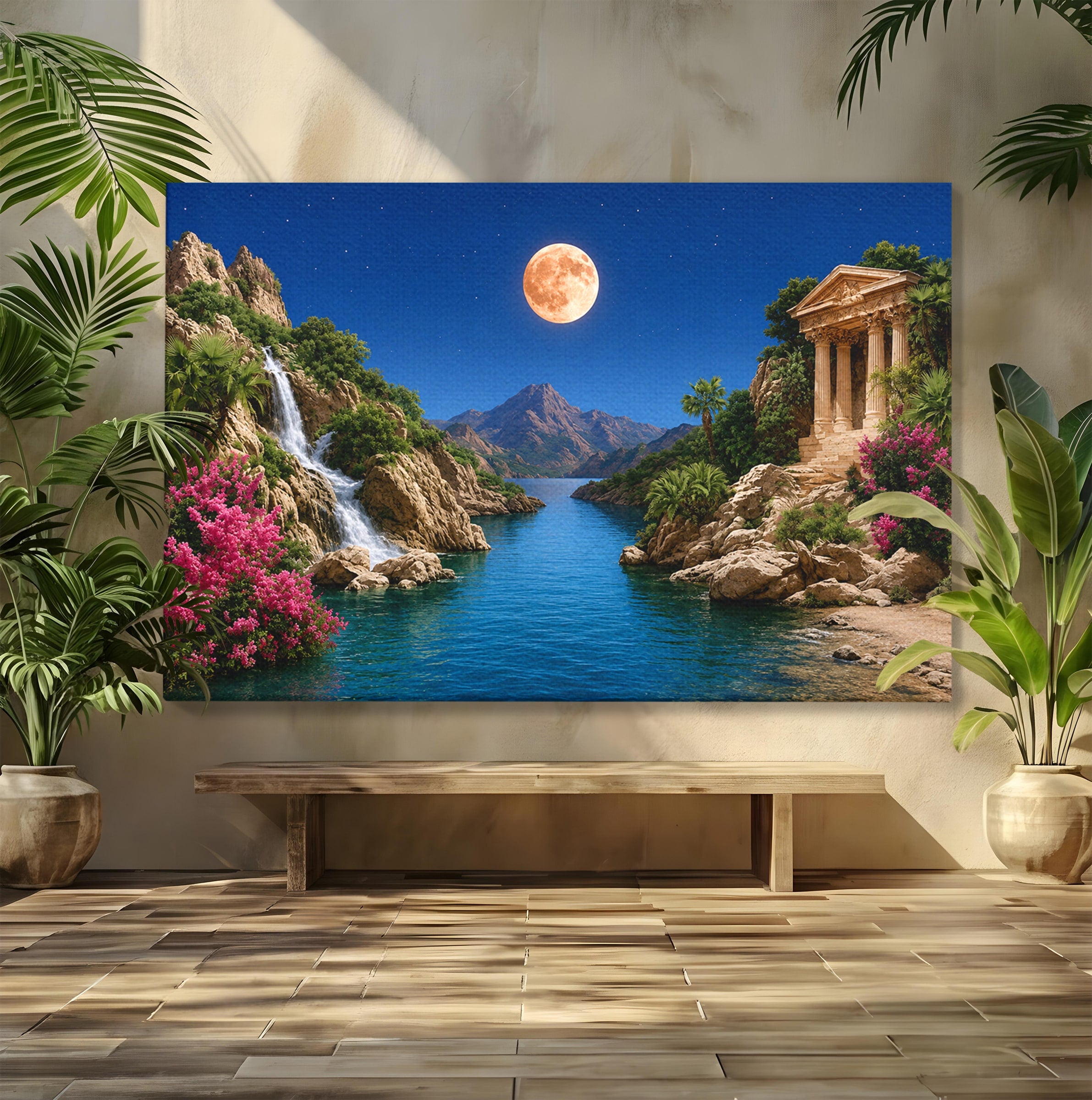 Tablou Canvas Premium LuxCanva® A1696, Peisaj Lunar De Vis, Peisaj, Luna, Rau, Templu, Natura, Living, Culori Vibrante