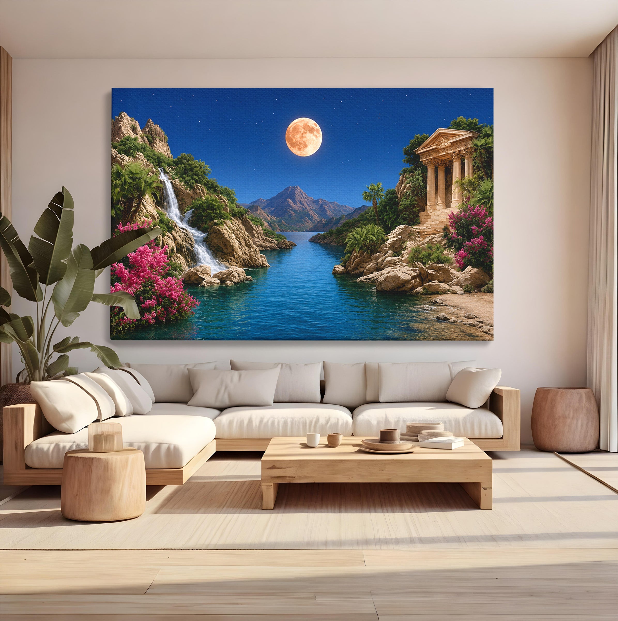 Tablou Canvas Premium LuxCanva® A1696, Peisaj Lunar De Vis, Peisaj, Luna, Rau, Templu, Natura, Living, Culori Vibrante