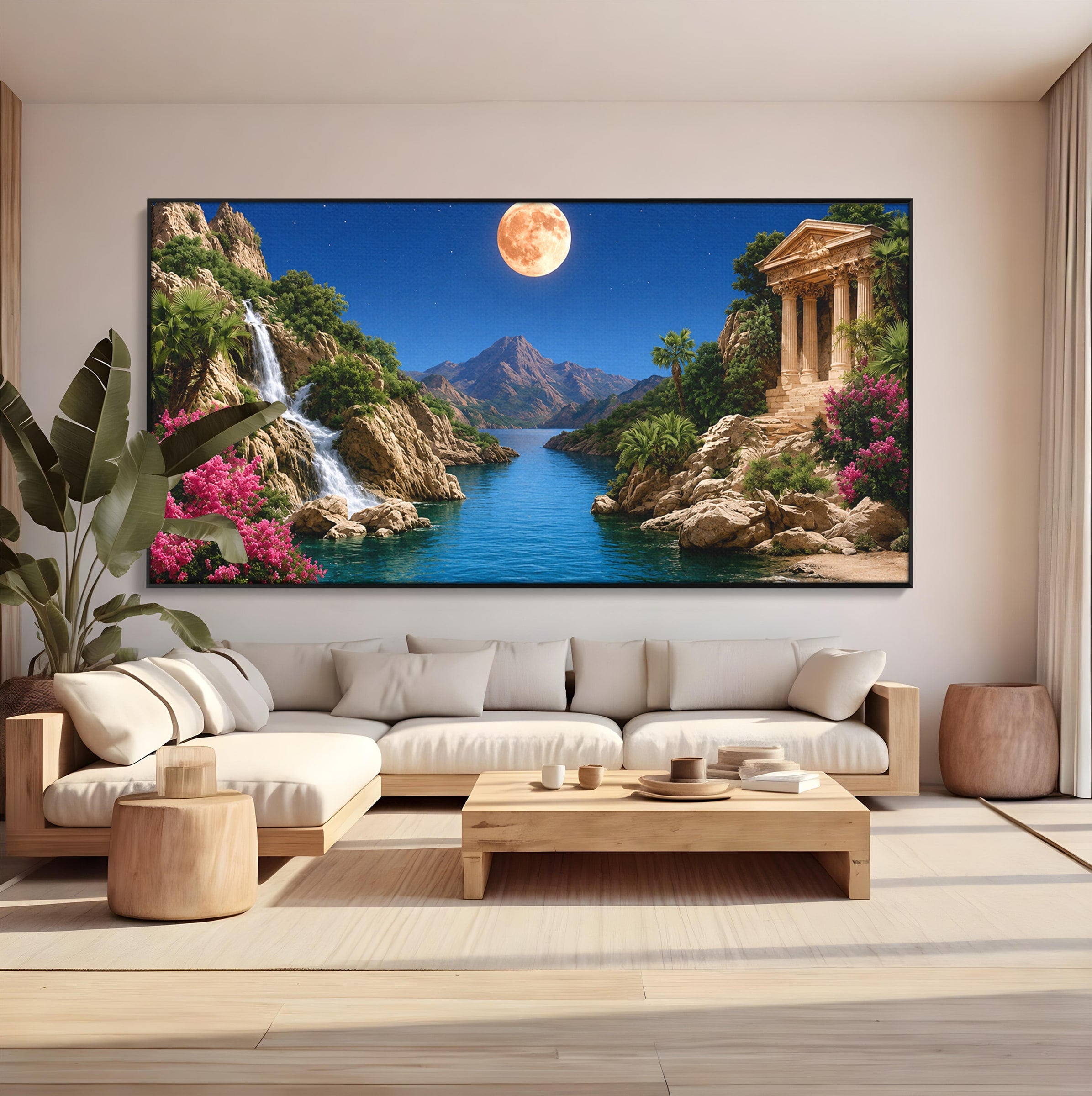 Tablou Canvas Premium LuxCanva® A1696, Peisaj Lunar De Vis, Peisaj, Luna, Rau, Templu, Natura, Living, Culori Vibrante