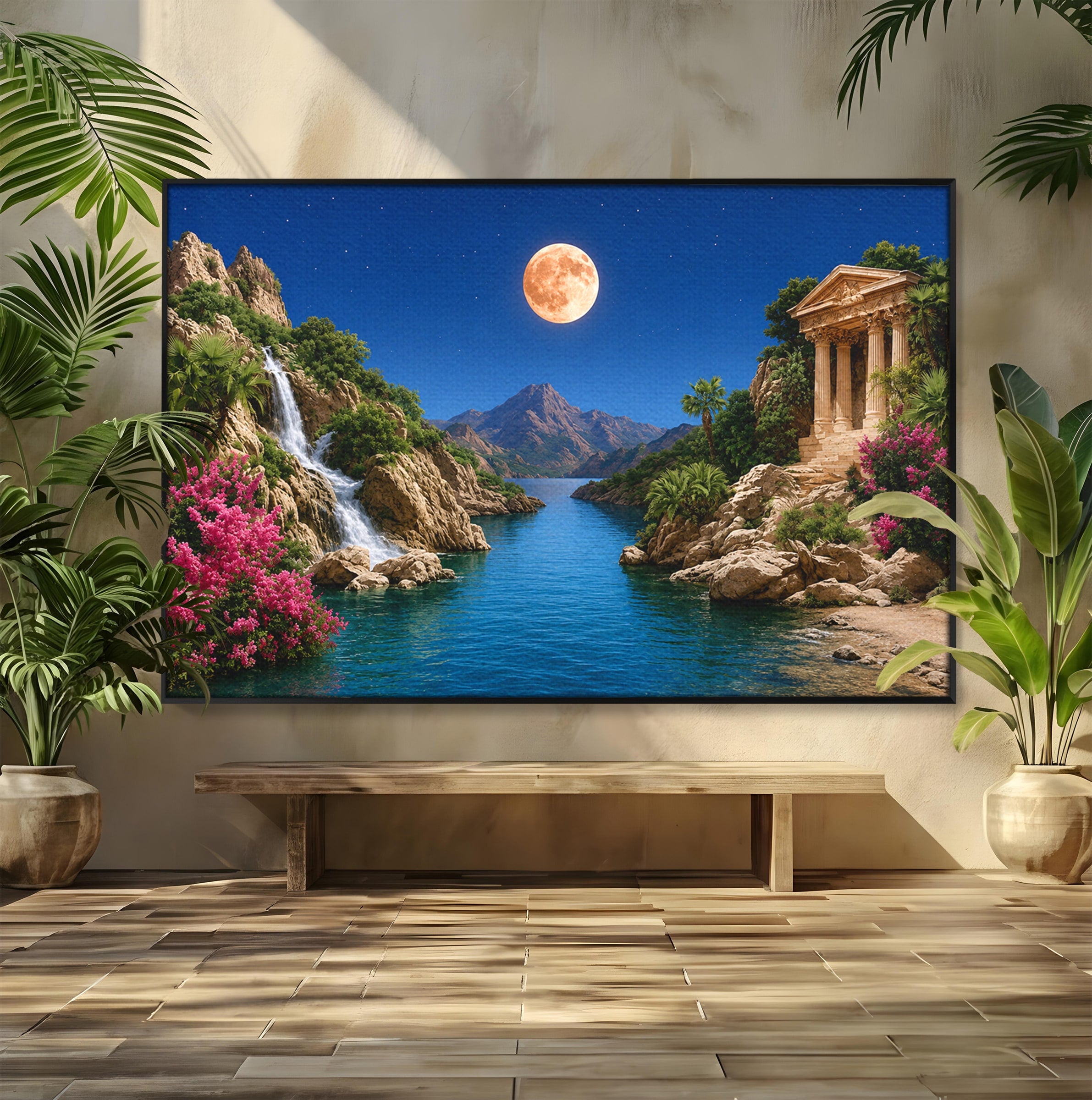 Tablou Canvas Premium LuxCanva® A1696, Peisaj Lunar De Vis, Peisaj, Luna, Rau, Templu, Natura, Living, Culori Vibrante