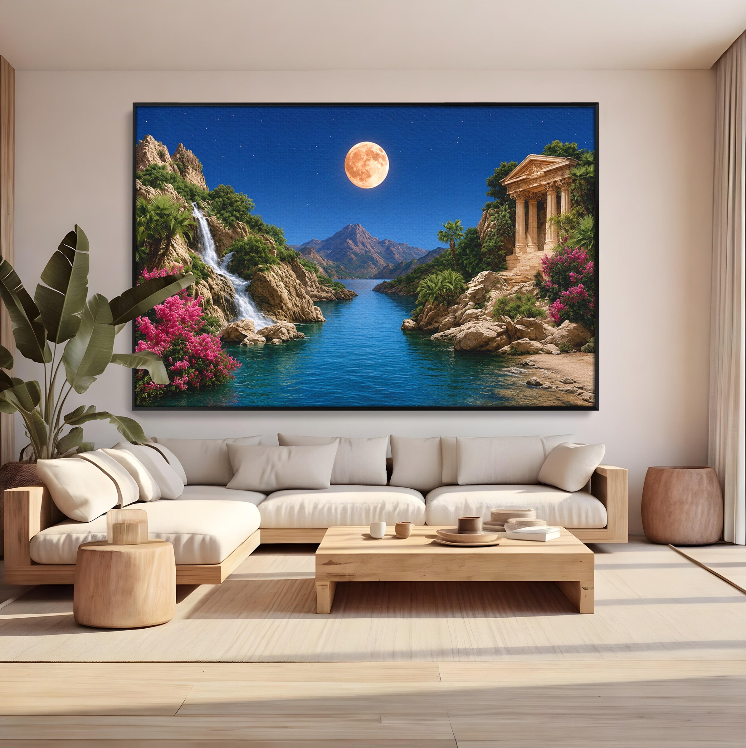 Tablou Canvas Premium LuxCanva® A1696, Peisaj Lunar De Vis, Peisaj, Luna, Rau, Templu, Natura, Living, Culori Vibrante