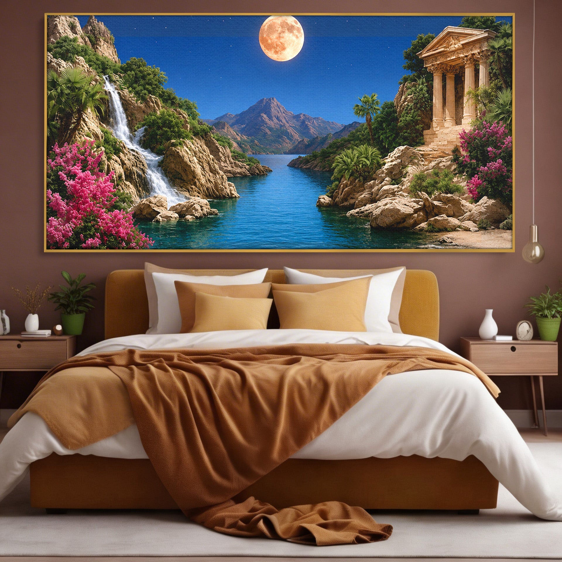 Tablou Canvas Premium LuxCanva® A1696, Peisaj Lunar De Vis, Peisaj, Luna, Rau, Templu, Natura, Living, Culori Vibrante