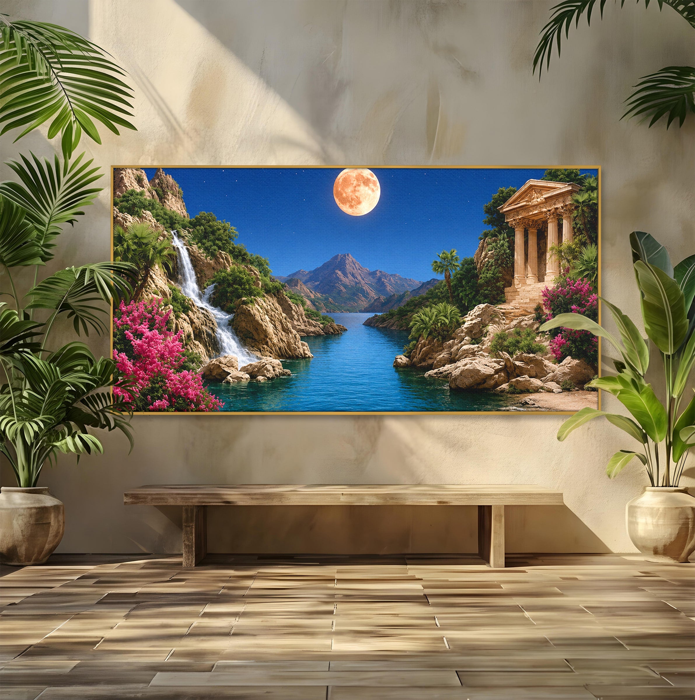Tablou Canvas Premium LuxCanva® A1696, Peisaj Lunar De Vis, Peisaj, Luna, Rau, Templu, Natura, Living, Culori Vibrante
