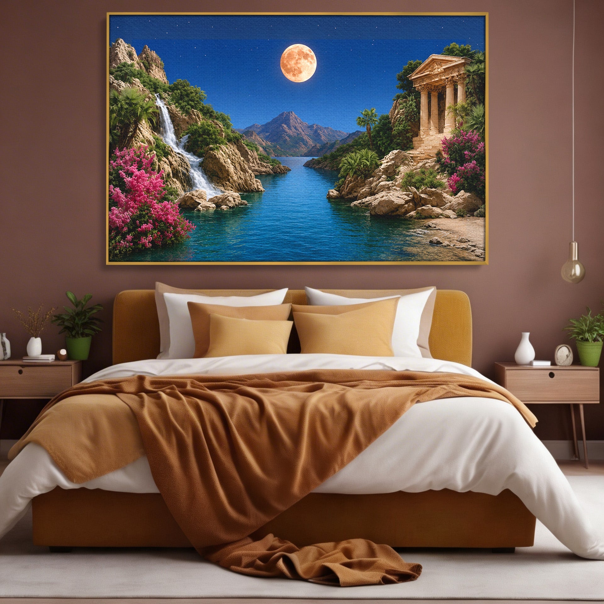 Tablou Canvas Premium LuxCanva® A1696, Peisaj Lunar De Vis, Peisaj, Luna, Rau, Templu, Natura, Living, Culori Vibrante