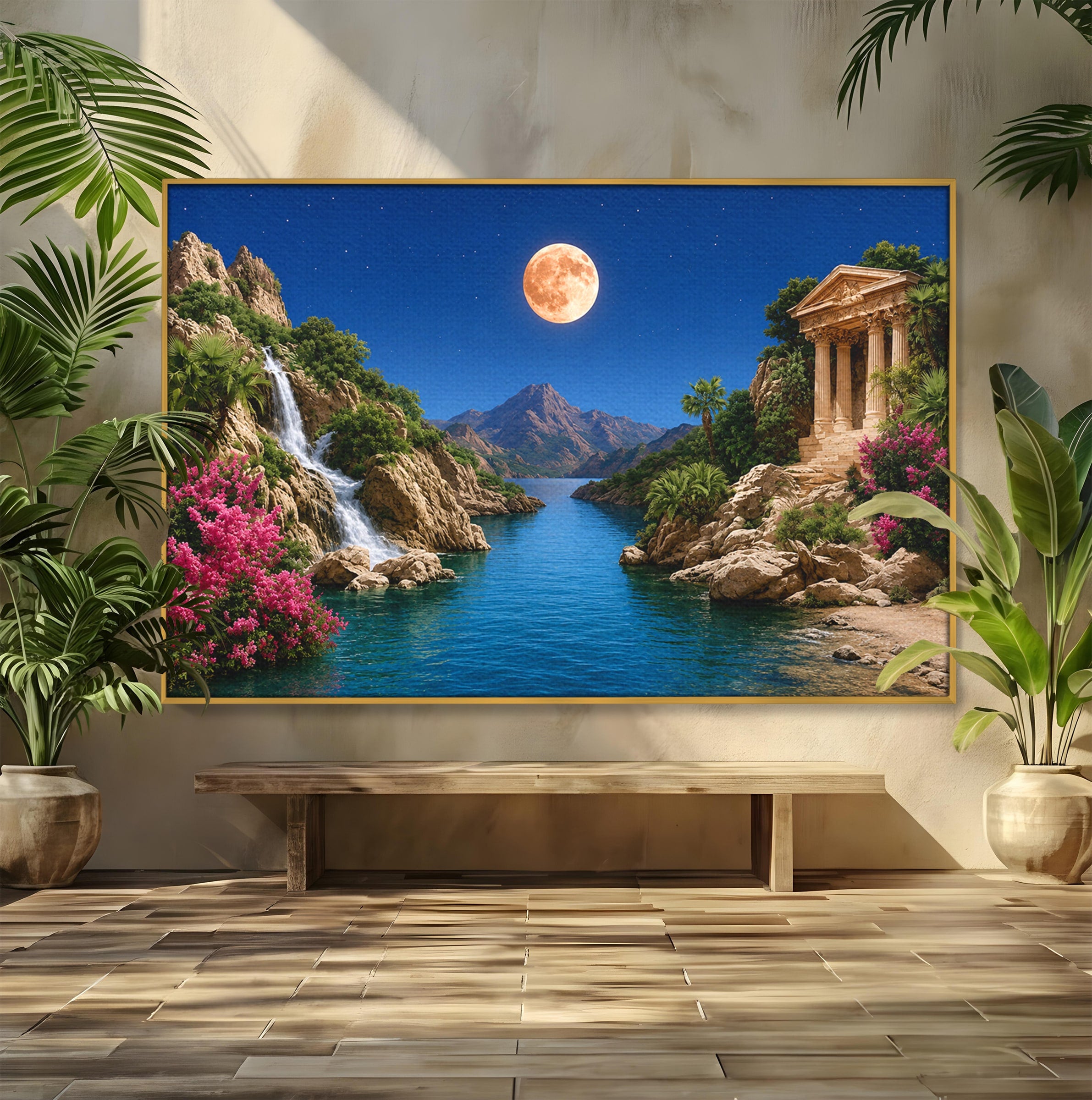 Tablou Canvas Premium LuxCanva® A1696, Peisaj Lunar De Vis, Peisaj, Luna, Rau, Templu, Natura, Living, Culori Vibrante