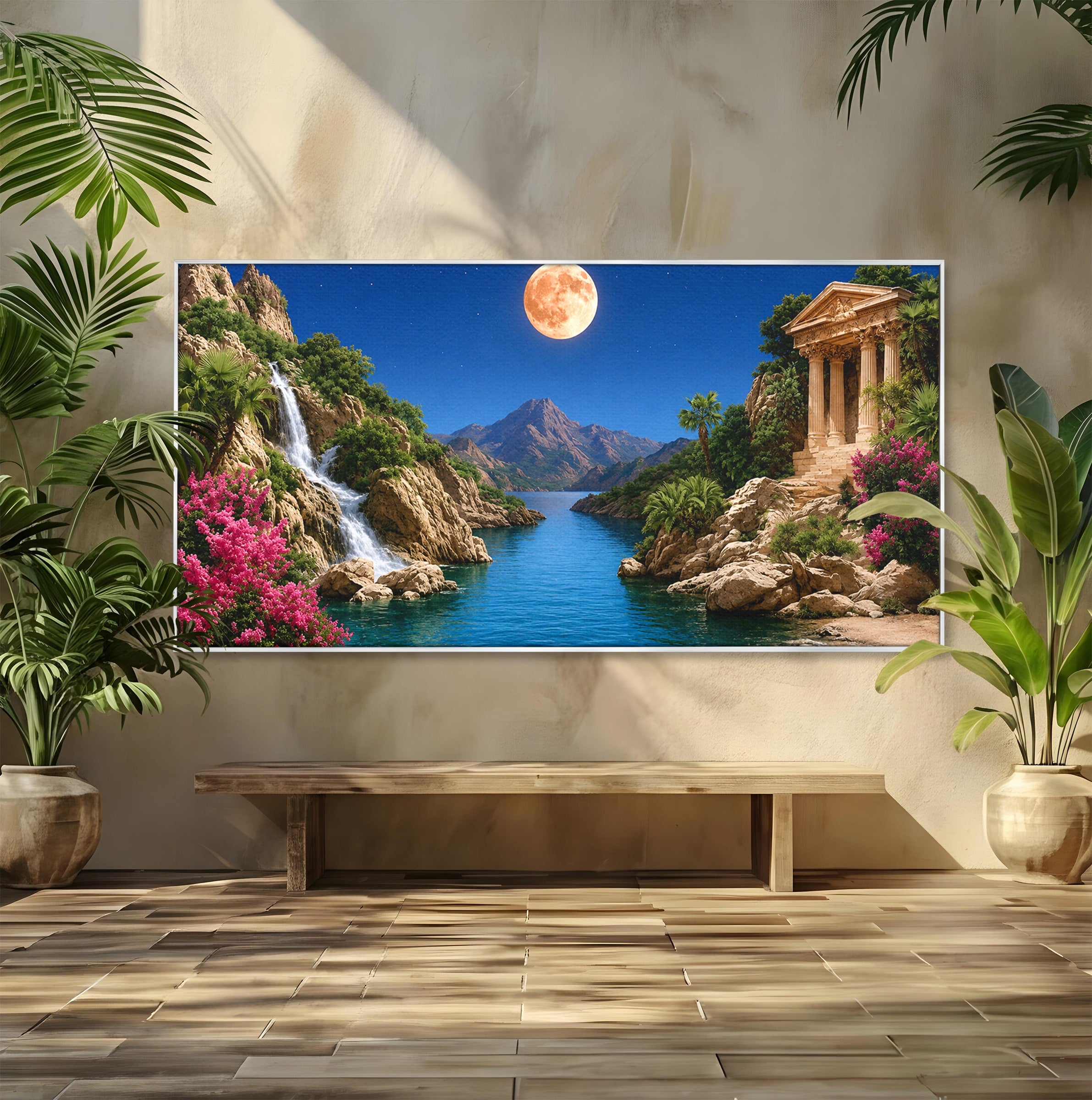 Tablou Canvas Premium LuxCanva® A1696, Peisaj Lunar De Vis, Peisaj, Luna, Rau, Templu, Natura, Living, Culori Vibrante