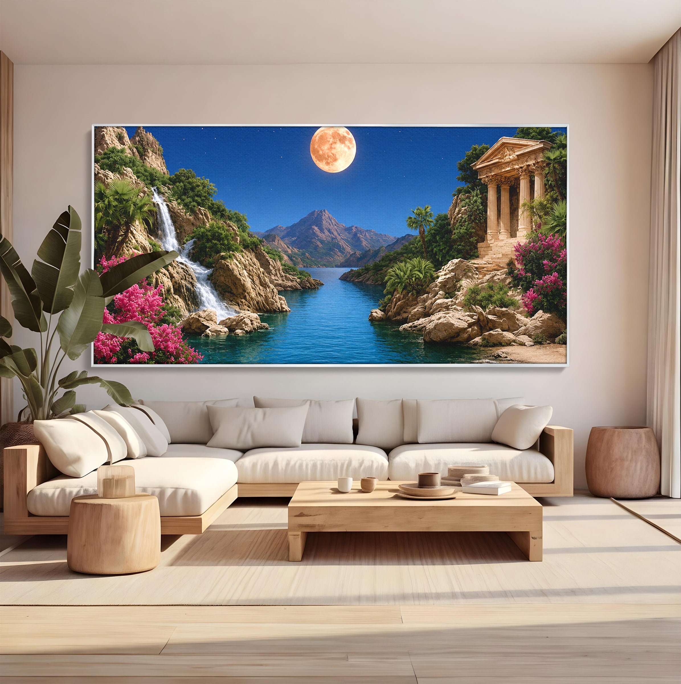 Tablou Canvas Premium LuxCanva® A1696, Peisaj Lunar De Vis, Peisaj, Luna, Rau, Templu, Natura, Living, Culori Vibrante