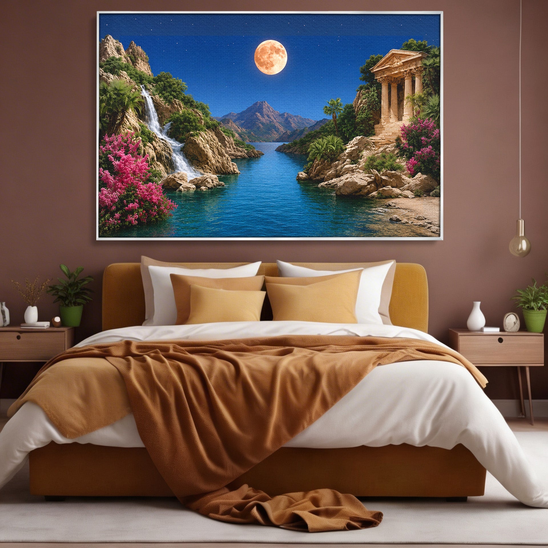 Tablou Canvas Premium LuxCanva® A1696, Peisaj Lunar De Vis, Peisaj, Luna, Rau, Templu, Natura, Living, Culori Vibrante