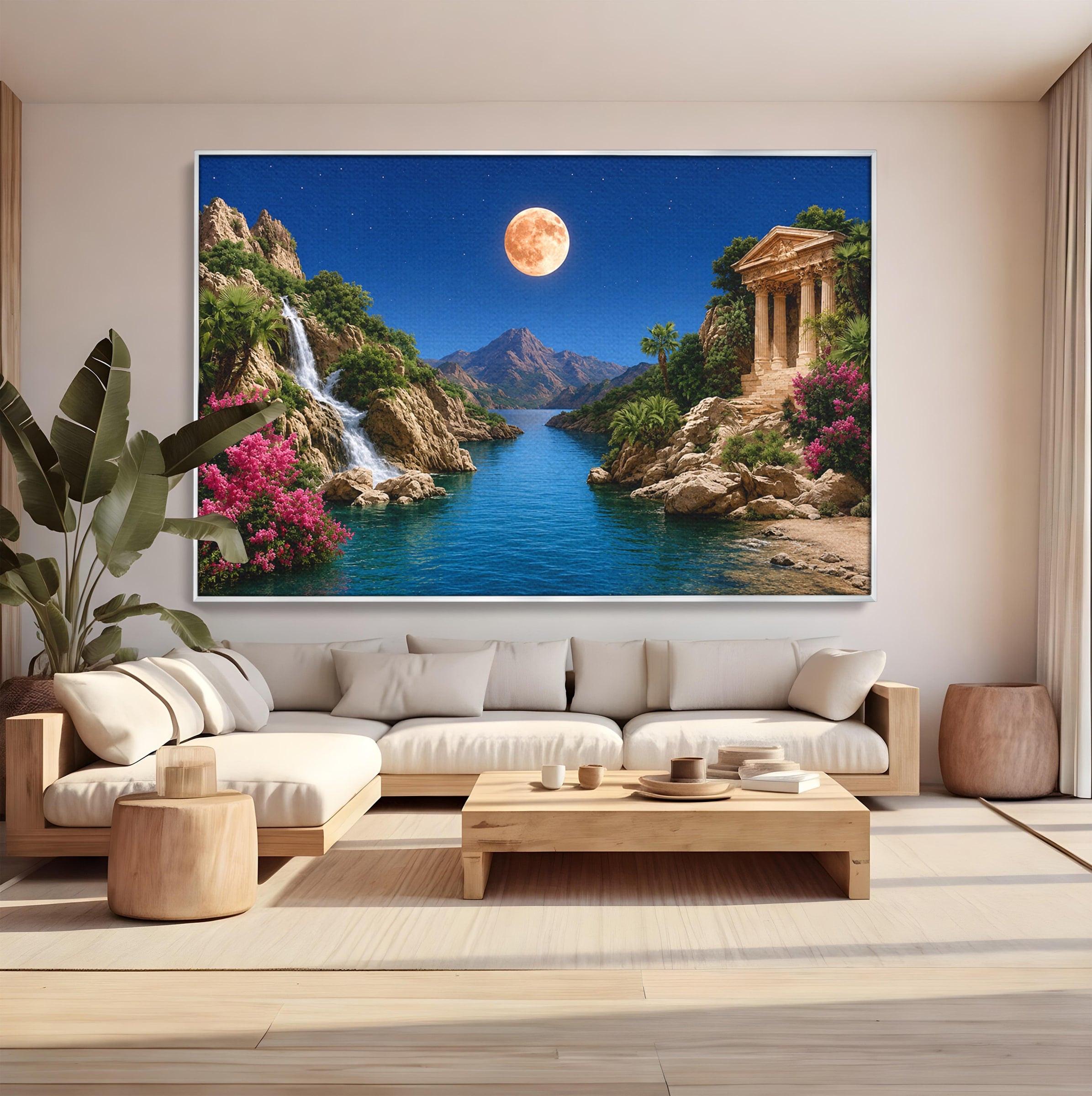 Tablou Canvas Premium LuxCanva® A1696, Peisaj Lunar De Vis, Peisaj, Luna, Rau, Templu, Natura, Living, Culori Vibrante