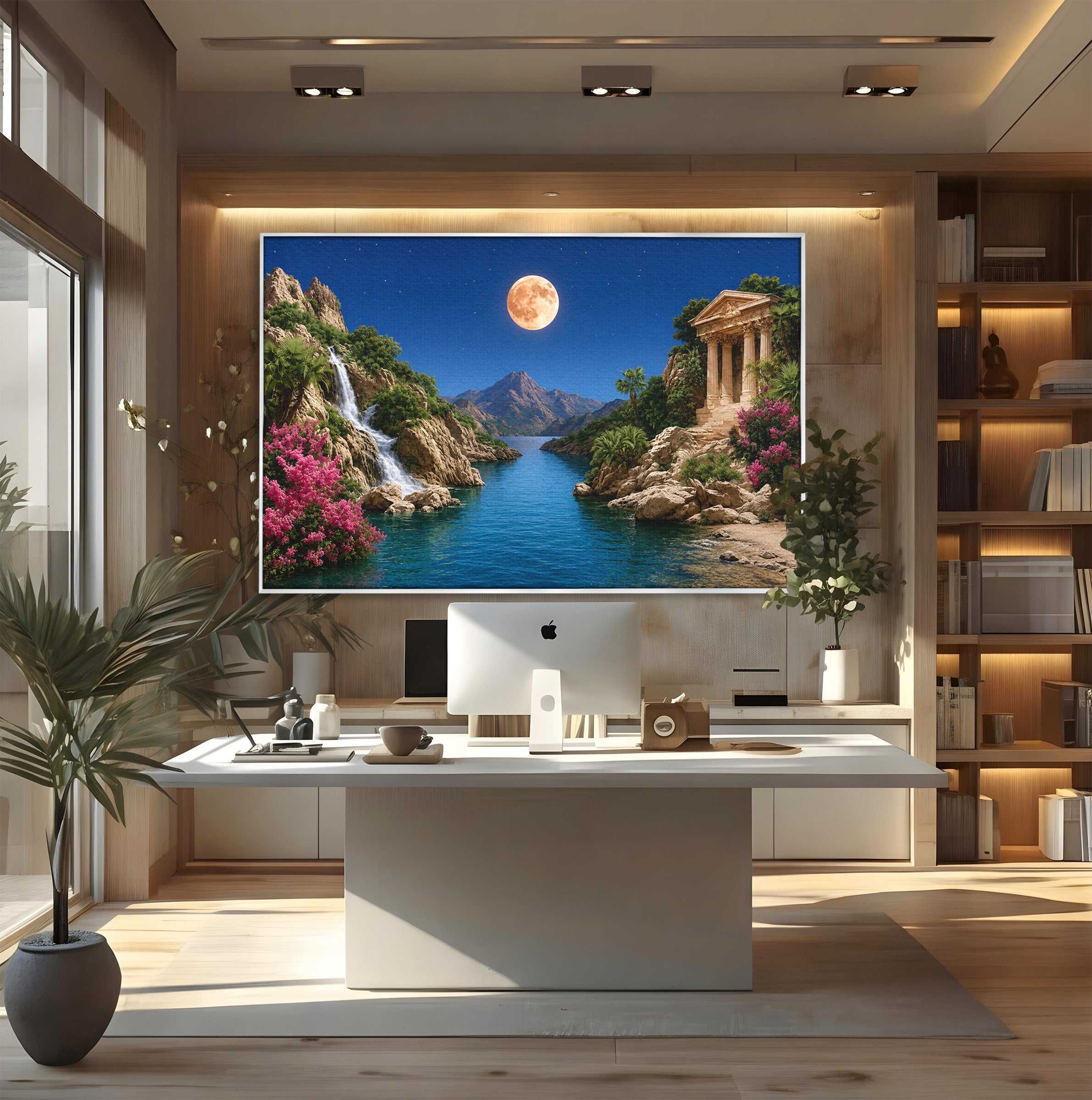 Tablou Canvas Premium LuxCanva® A1696, Peisaj Lunar De Vis, Peisaj, Luna, Rau, Templu, Natura, Living, Culori Vibrante