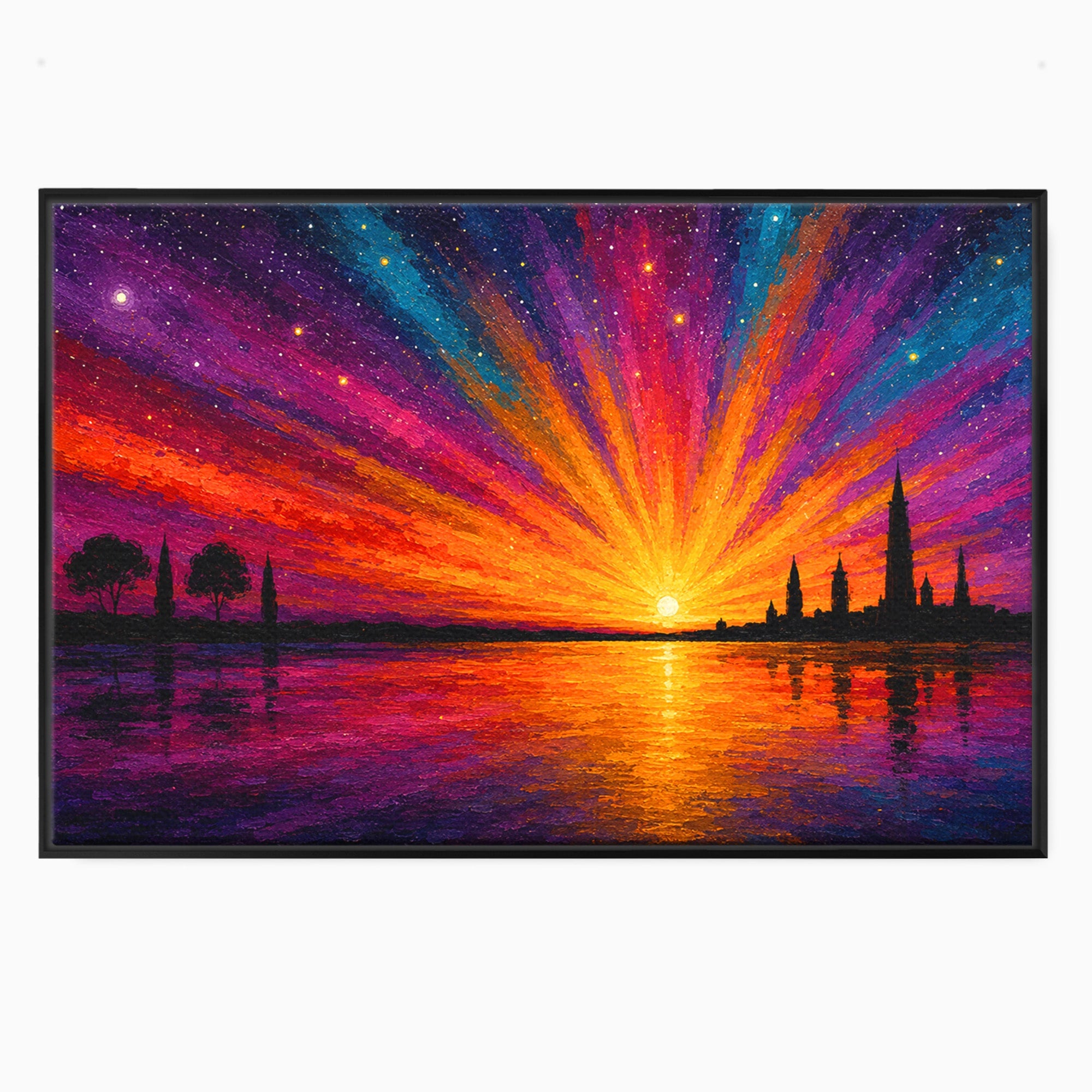 Tablou Canvas Premium LuxCanva® A1699, Apus Urban Pe Lac, Apus, Oras, Lac, Living, Peisaj, Culori Vibrante