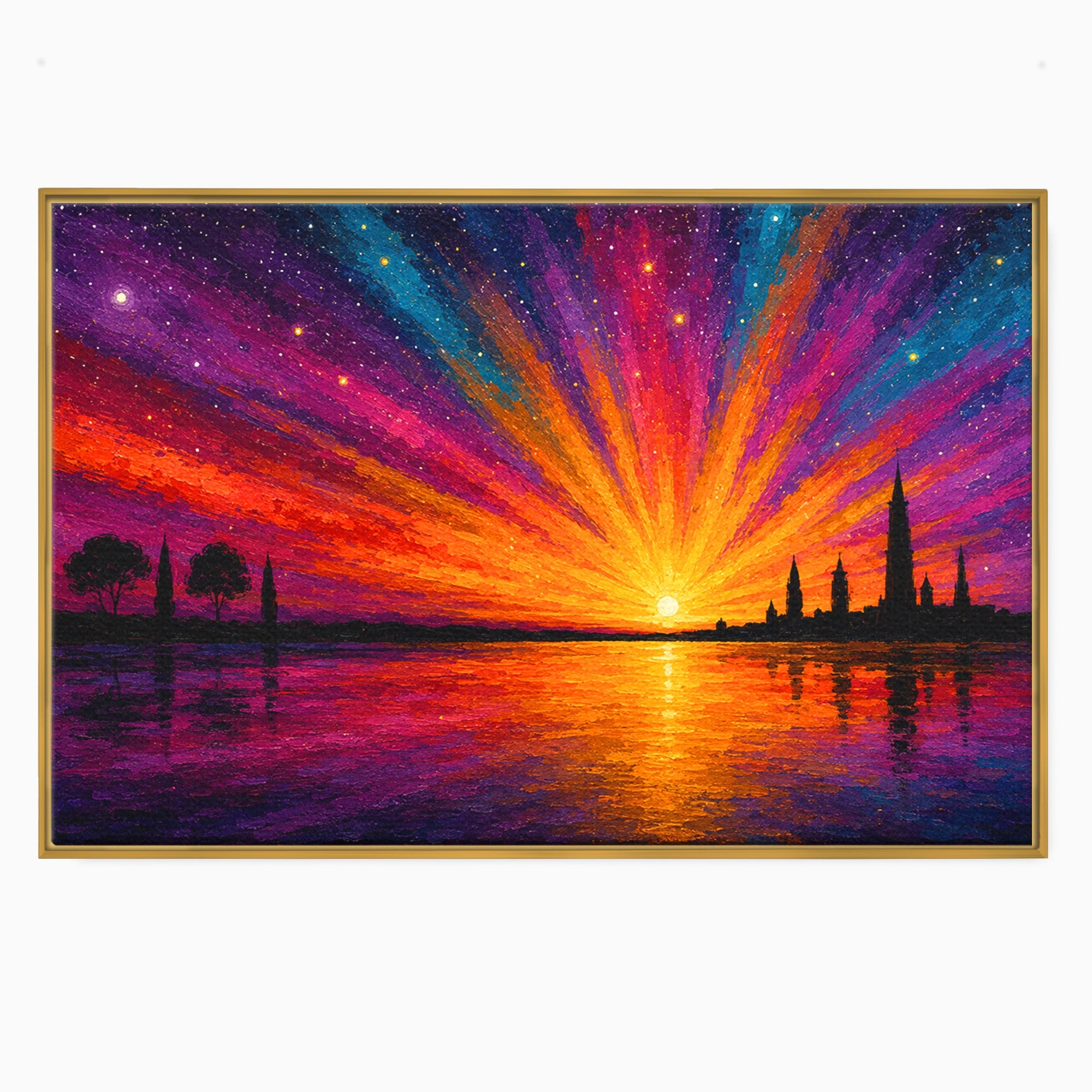 Tablou Canvas Premium LuxCanva® A1699, Apus Urban Pe Lac, Apus, Oras, Lac, Living, Peisaj, Culori Vibrante