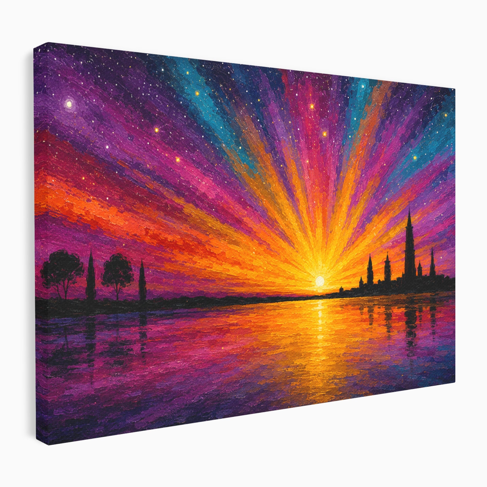 Tablou Canvas Premium LuxCanva® A1699, Apus Urban Pe Lac, Apus, Oras, Lac, Living, Peisaj, Culori Vibrante