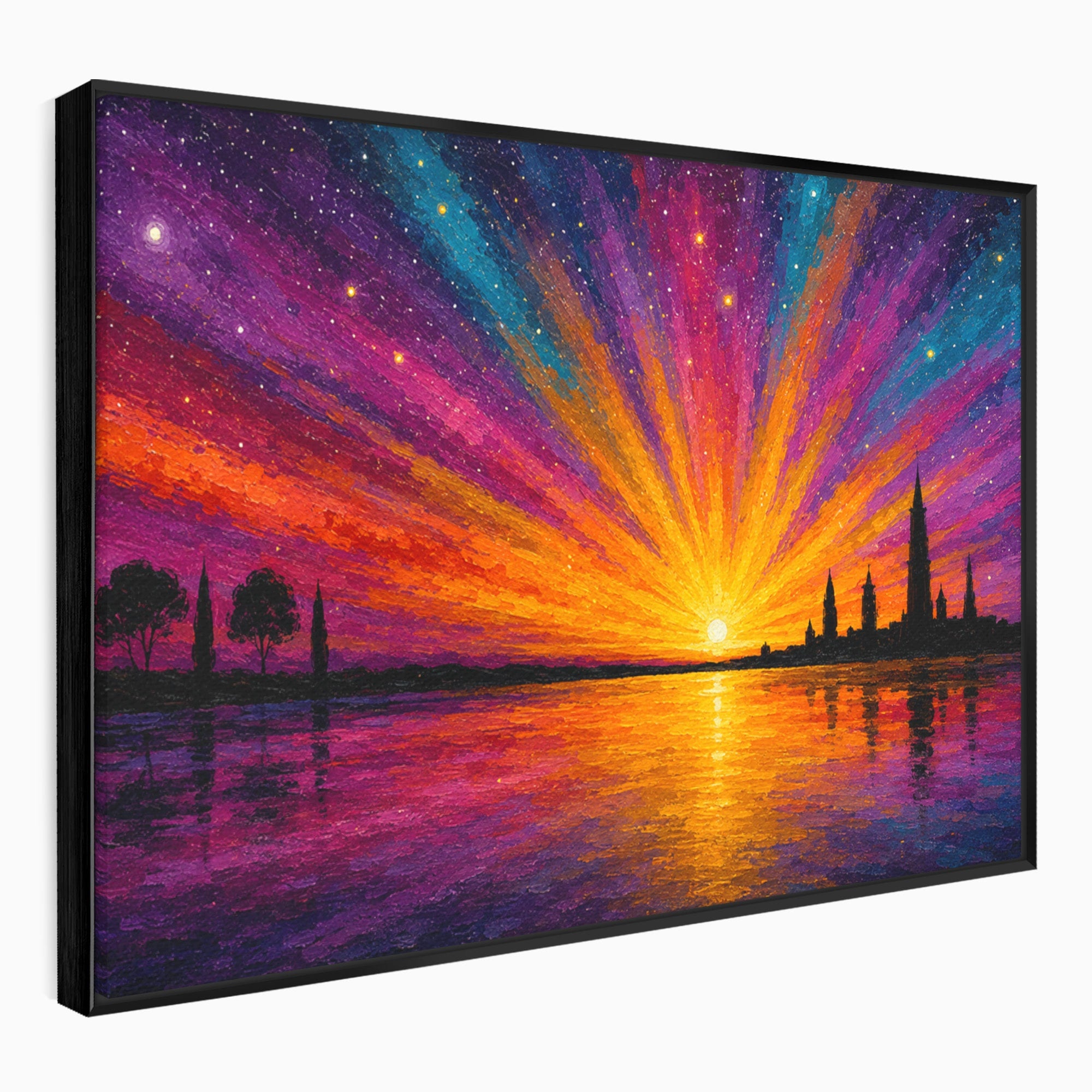 Tablou Canvas Premium LuxCanva® A1699, Apus Urban Pe Lac, Apus, Oras, Lac, Living, Peisaj, Culori Vibrante
