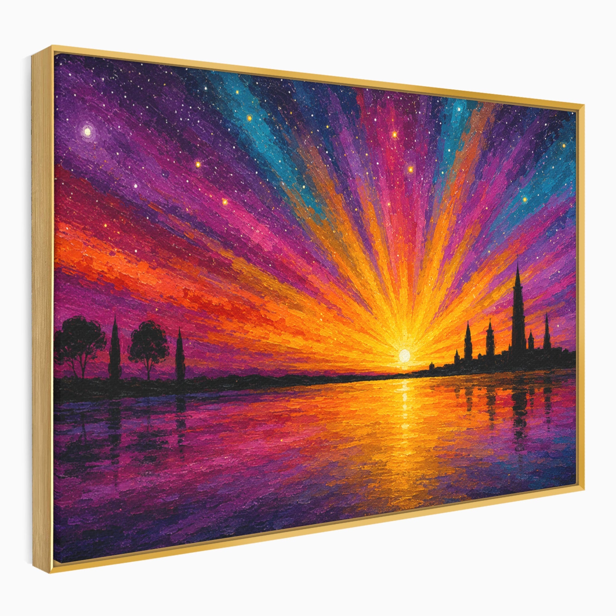 Tablou Canvas Premium LuxCanva® A1699, Apus Urban Pe Lac, Apus, Oras, Lac, Living, Peisaj, Culori Vibrante