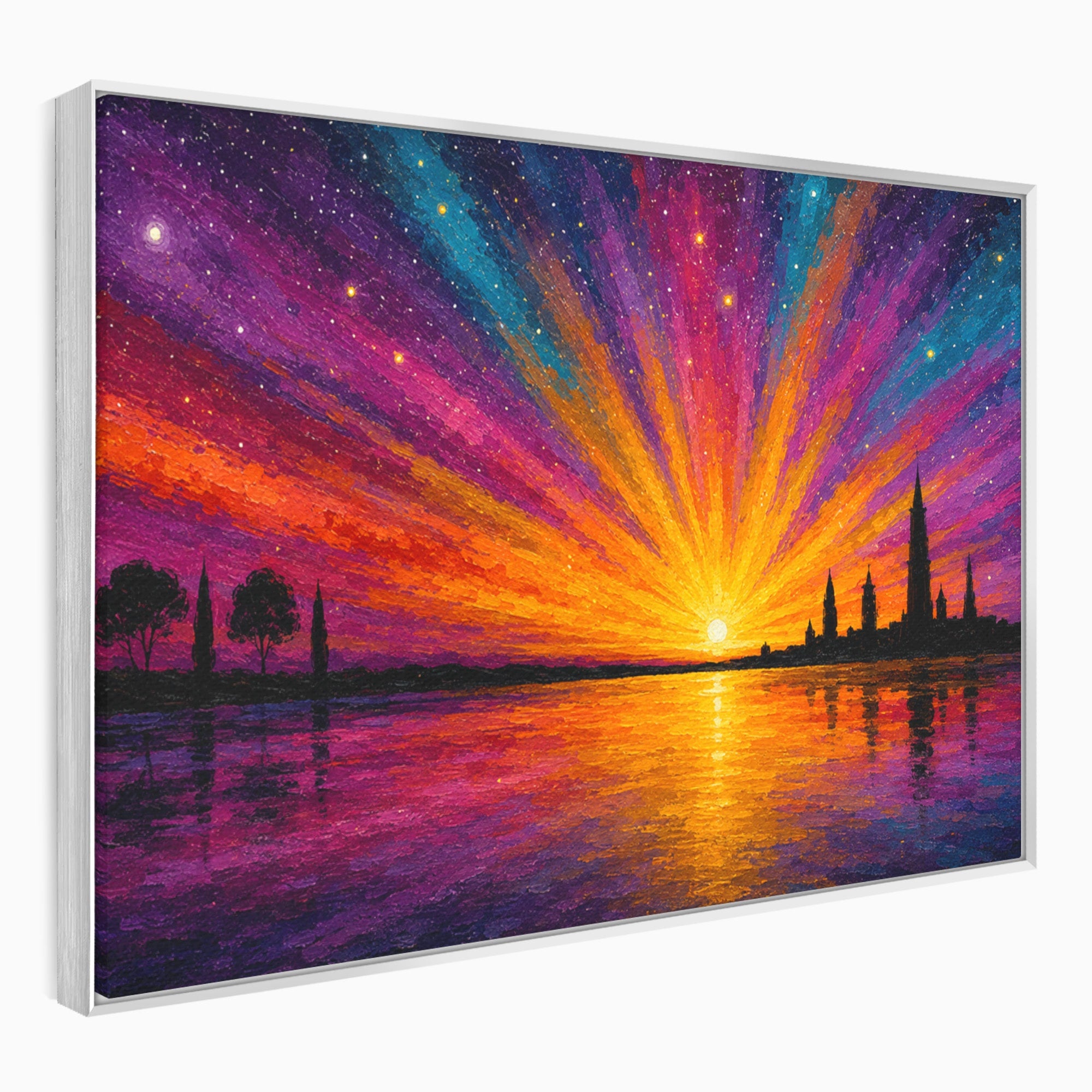 Tablou Canvas Premium LuxCanva® A1699, Apus Urban Pe Lac, Apus, Oras, Lac, Living, Peisaj, Culori Vibrante