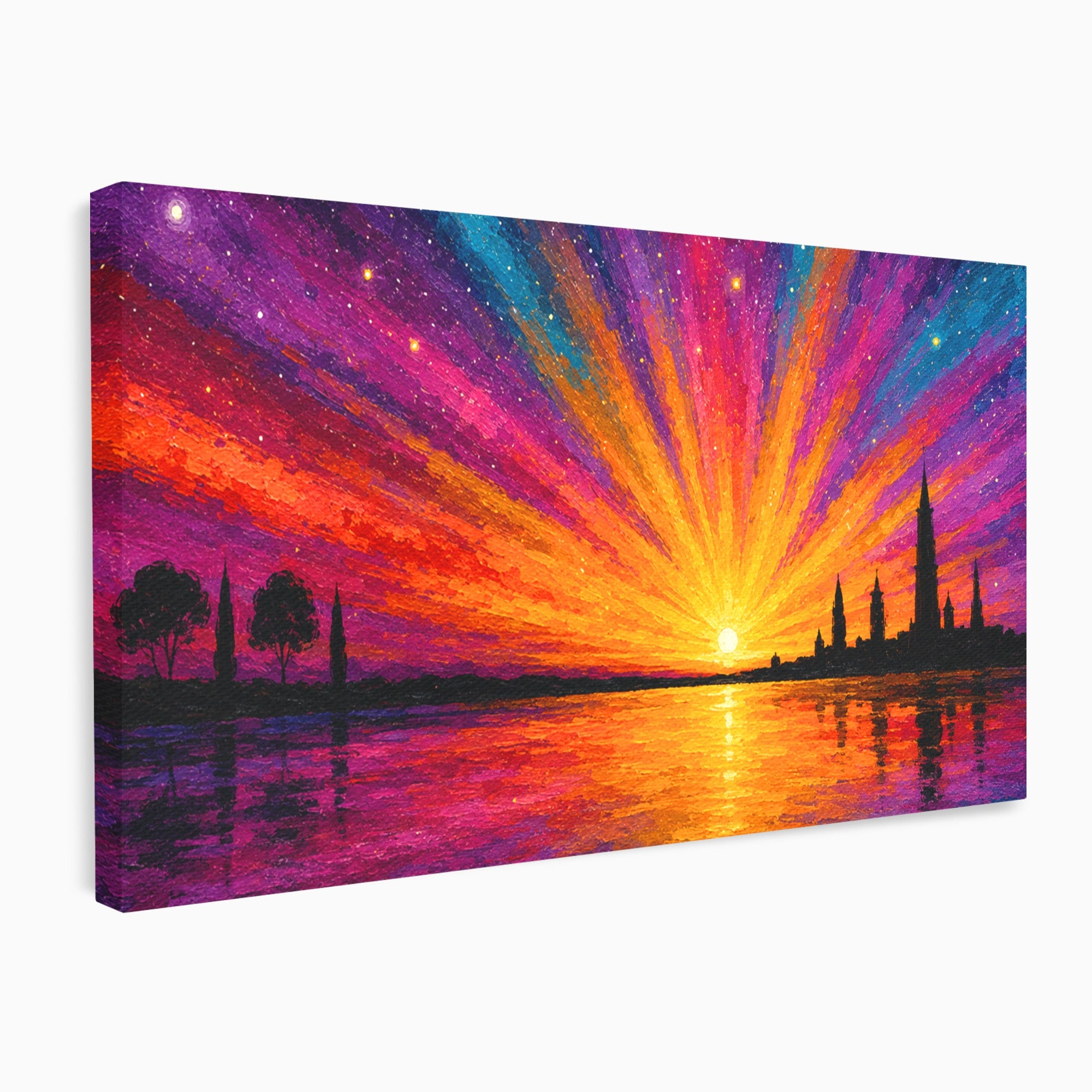 Tablou Canvas Premium LuxCanva® A1699, Apus Urban Pe Lac, Apus, Oras, Lac, Living, Peisaj, Culori Vibrante