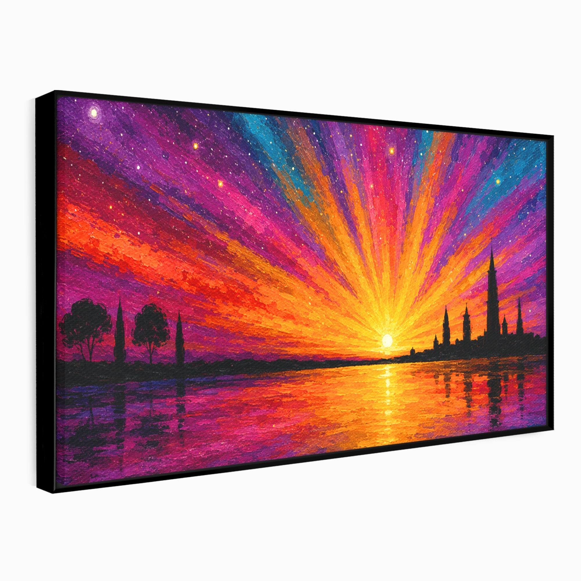 Tablou Canvas Premium LuxCanva® A1699, Apus Urban Pe Lac, Apus, Oras, Lac, Living, Peisaj, Culori Vibrante