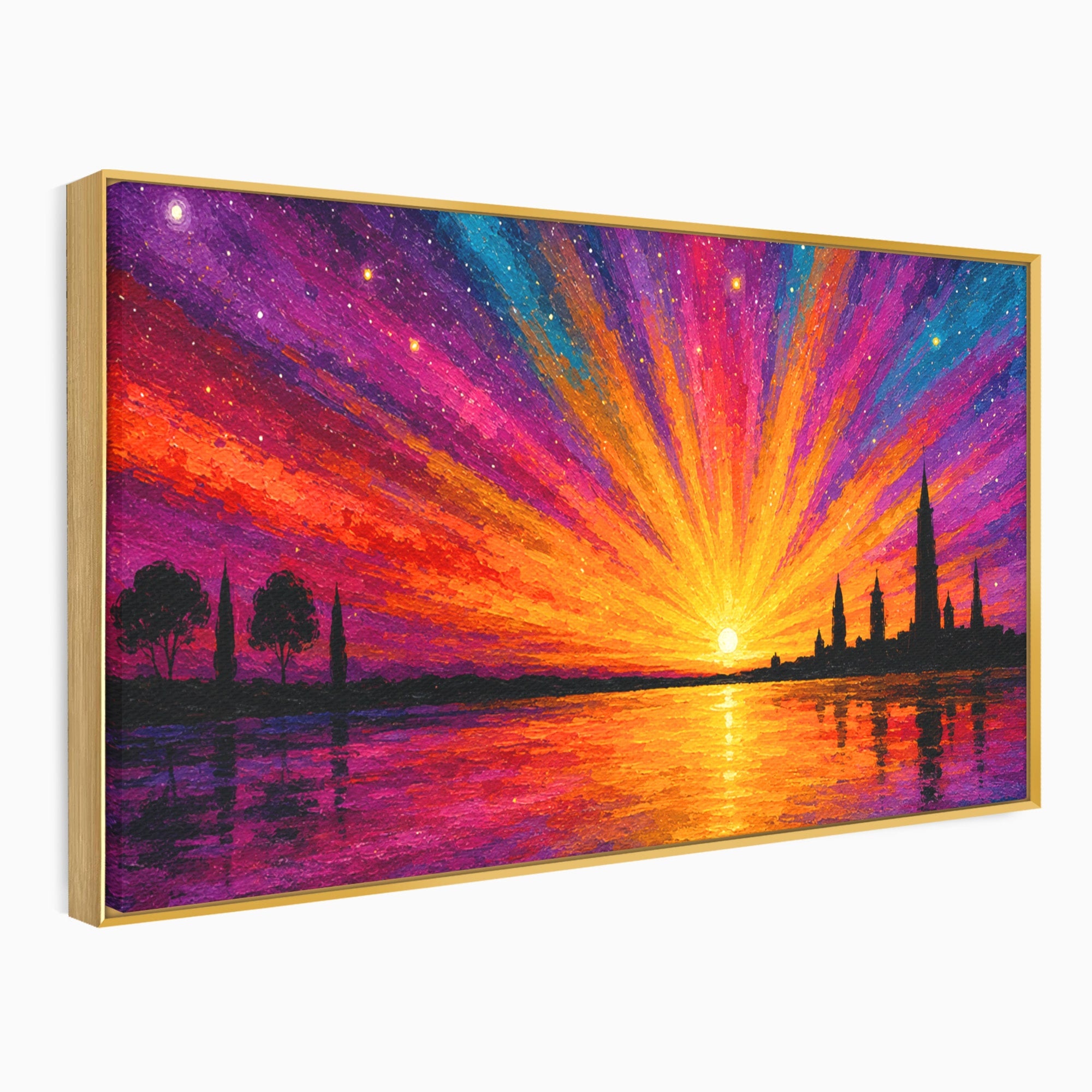 Tablou Canvas Premium LuxCanva® A1699, Apus Urban Pe Lac, Apus, Oras, Lac, Living, Peisaj, Culori Vibrante