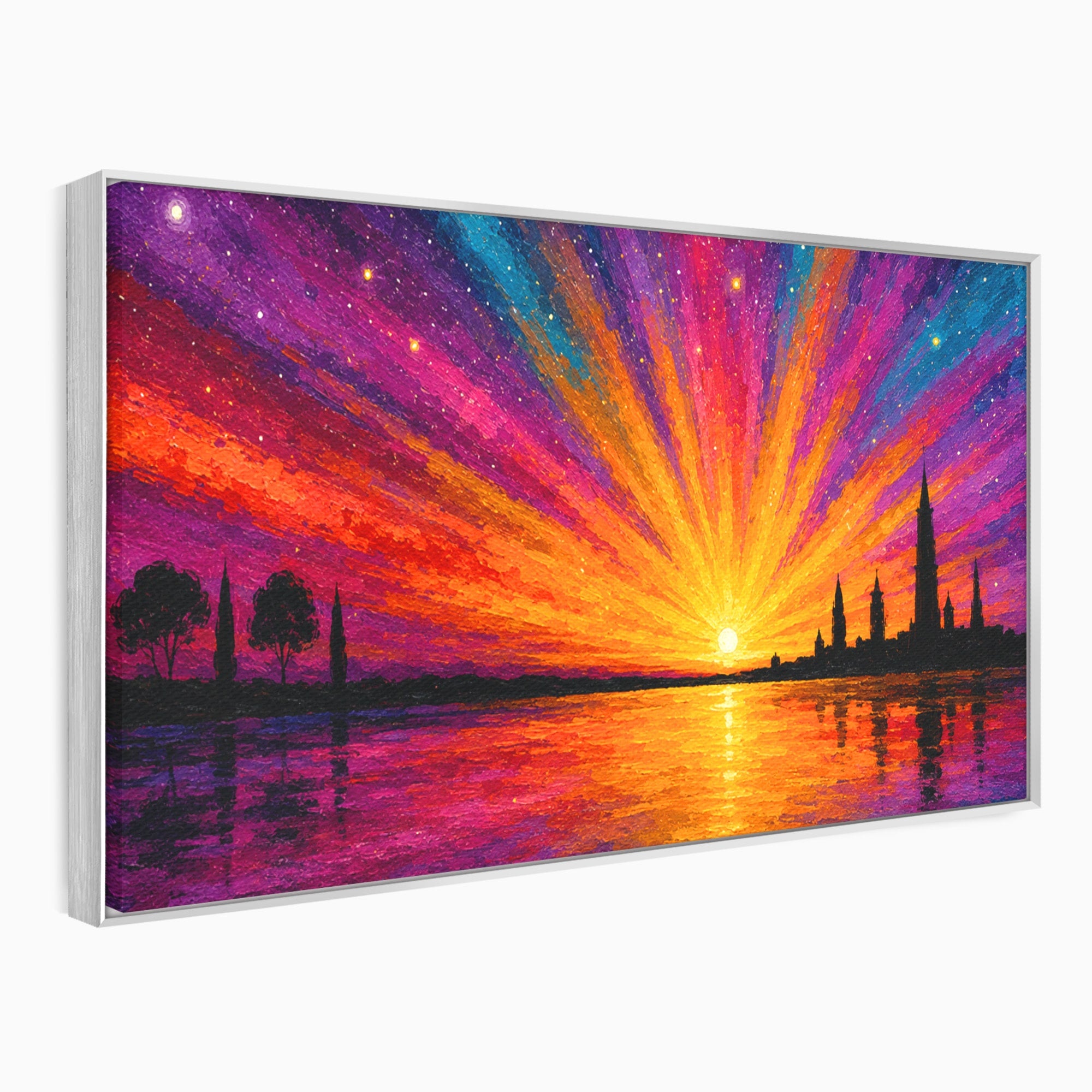 Tablou Canvas Premium LuxCanva® A1699, Apus Urban Pe Lac, Apus, Oras, Lac, Living, Peisaj, Culori Vibrante