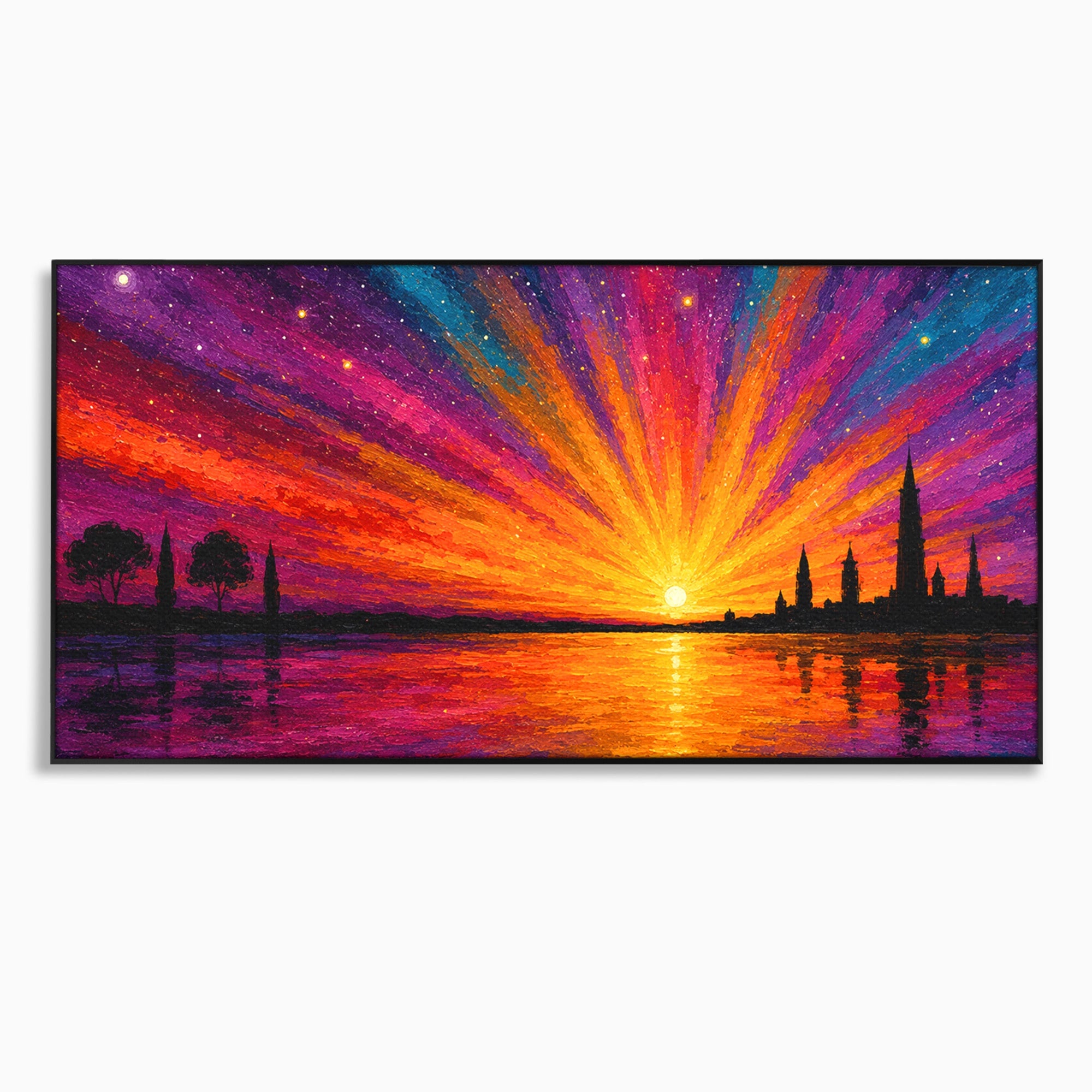 Tablou Canvas Premium LuxCanva® A1699, Apus Urban Pe Lac, Apus, Oras, Lac, Living, Peisaj, Culori Vibrante