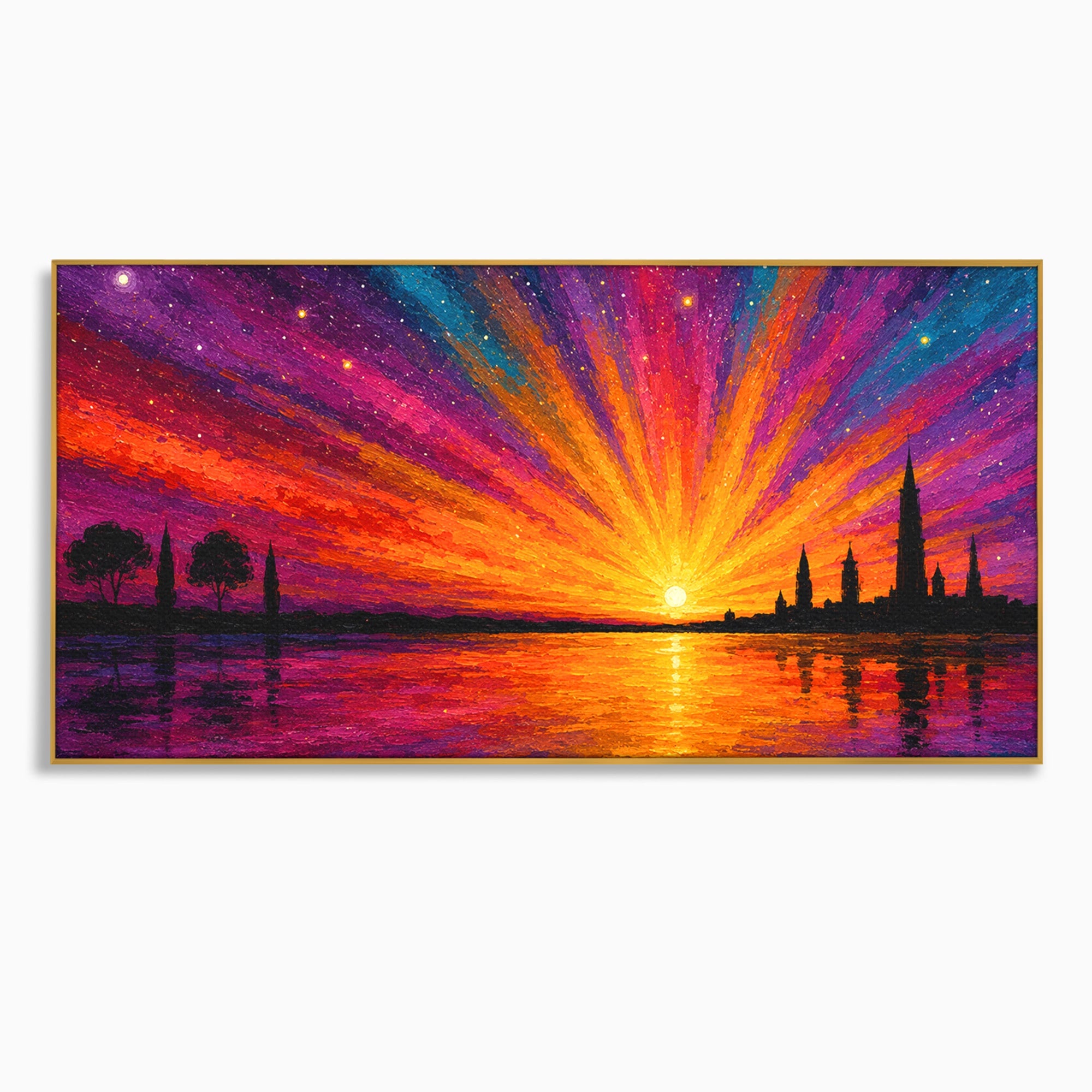 Tablou Canvas Premium LuxCanva® A1699, Apus Urban Pe Lac, Apus, Oras, Lac, Living, Peisaj, Culori Vibrante