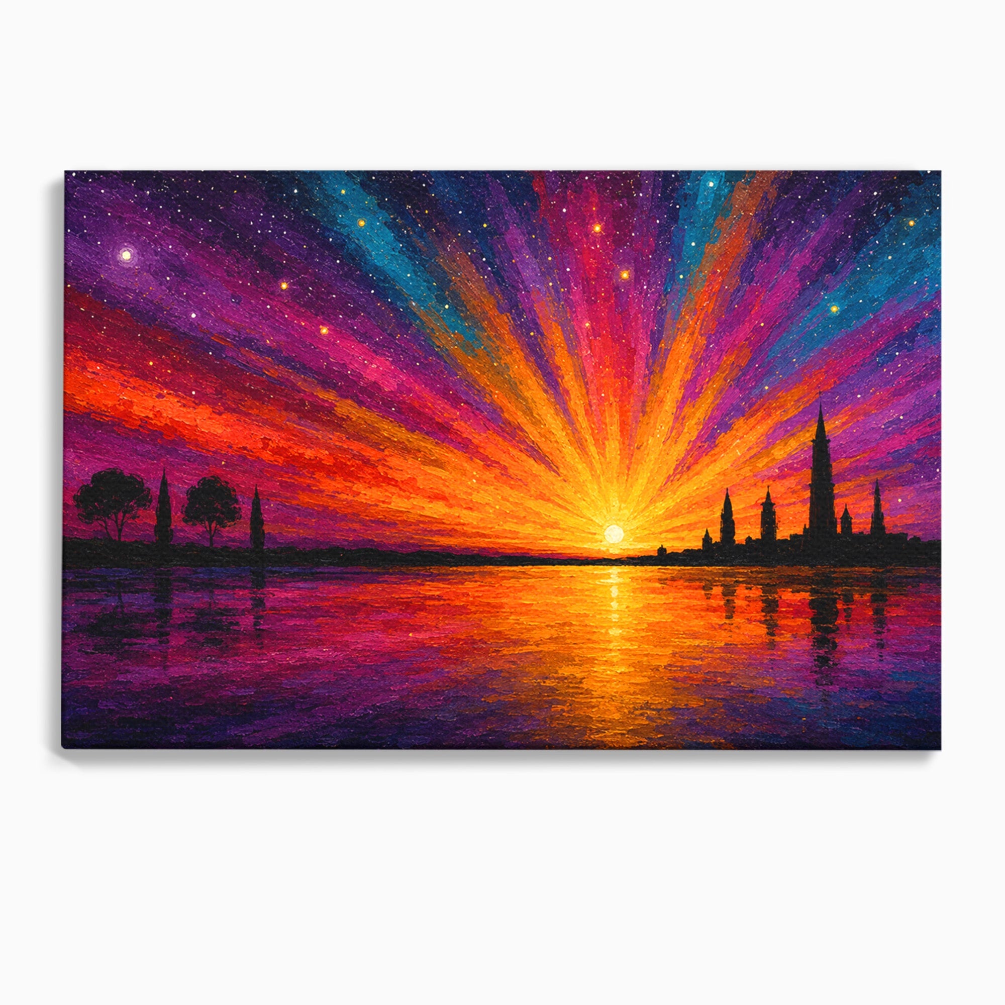 Tablou Canvas Premium LuxCanva® A1699, Apus Urban Pe Lac, Apus, Oras, Lac, Living, Peisaj, Culori Vibrante
