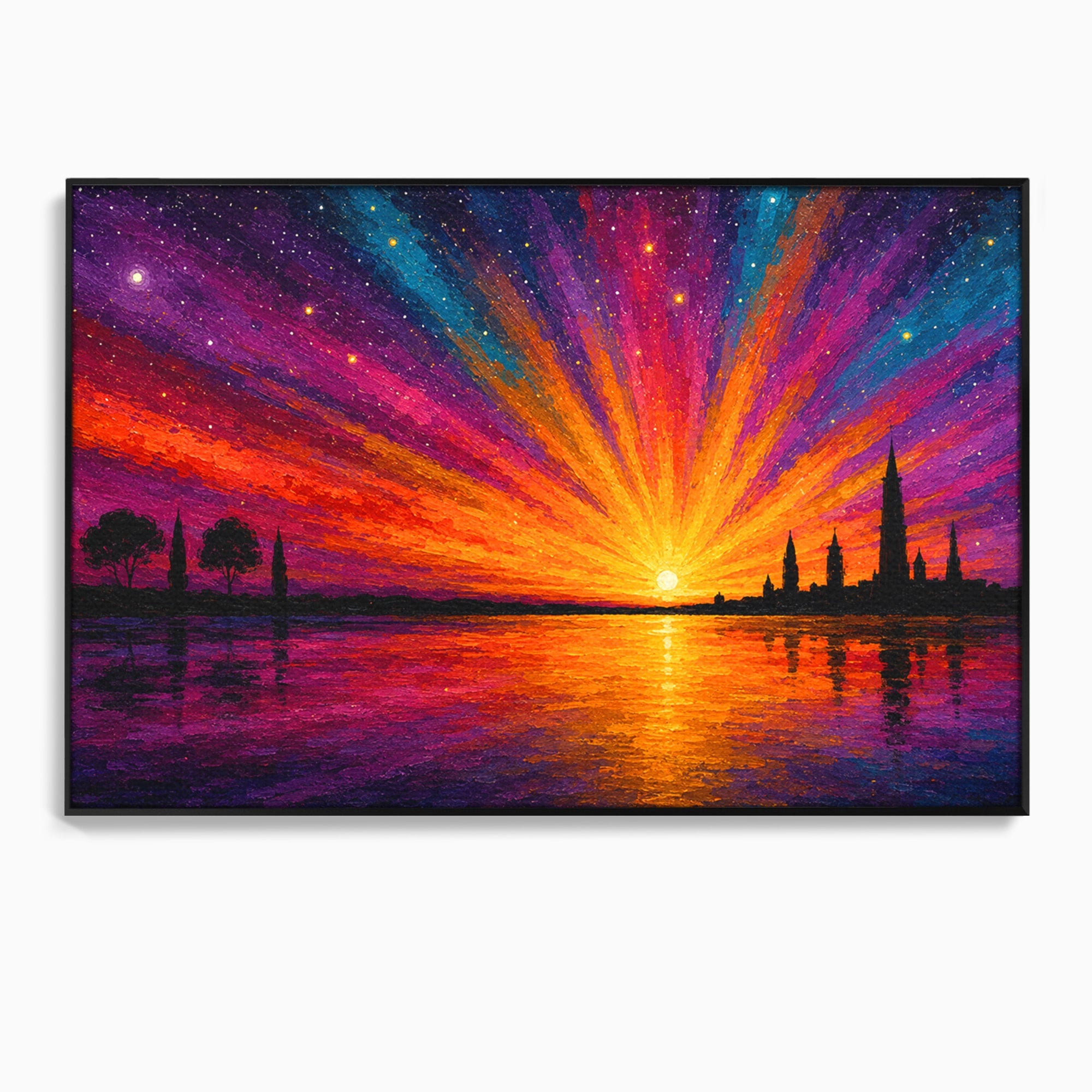 Tablou Canvas Premium LuxCanva® A1699, Apus Urban Pe Lac, Apus, Oras, Lac, Living, Peisaj, Culori Vibrante