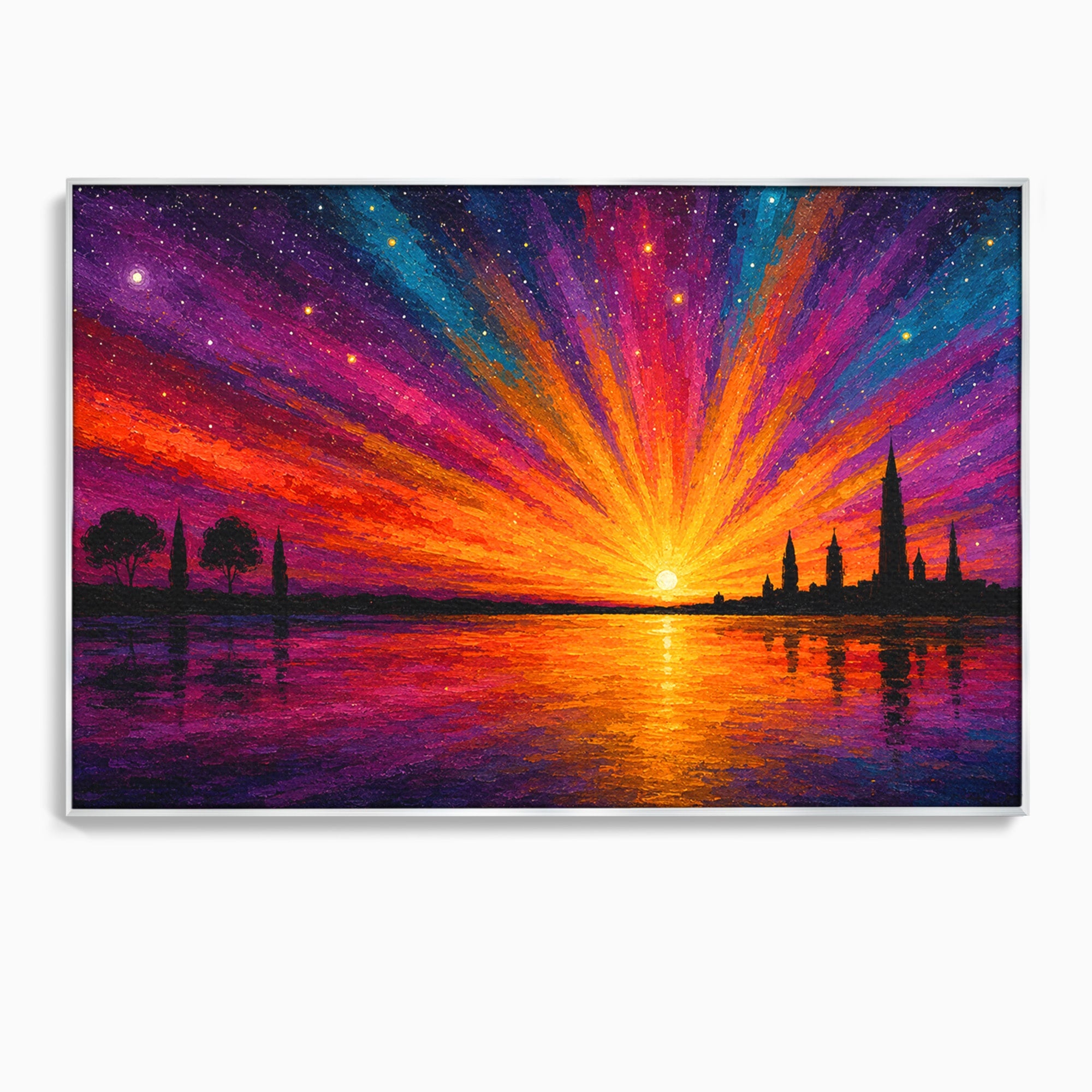 Tablou Canvas Premium LuxCanva® A1699, Apus Urban Pe Lac, Apus, Oras, Lac, Living, Peisaj, Culori Vibrante