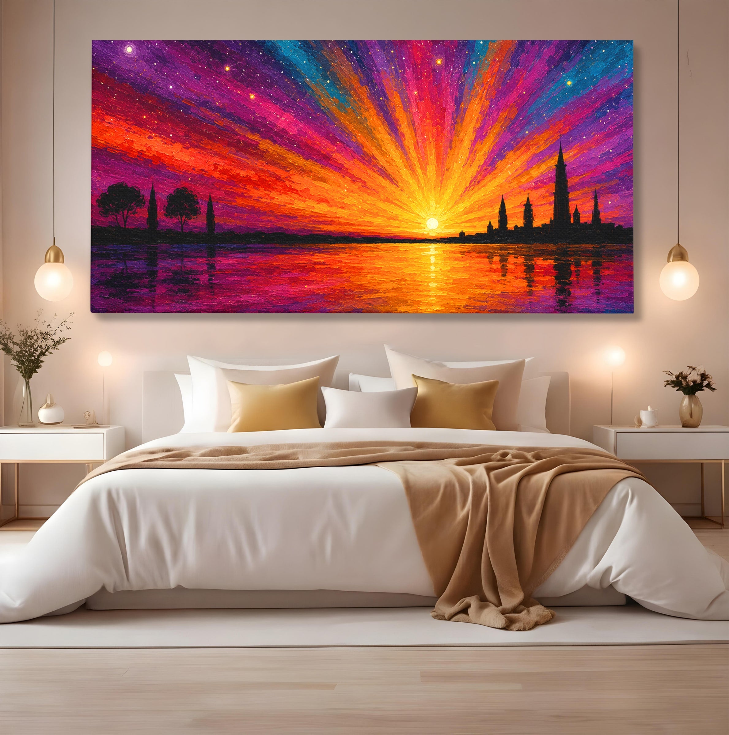 Tablou Canvas Premium LuxCanva® A1699, Apus Urban Pe Lac, Apus, Oras, Lac, Living, Peisaj, Culori Vibrante