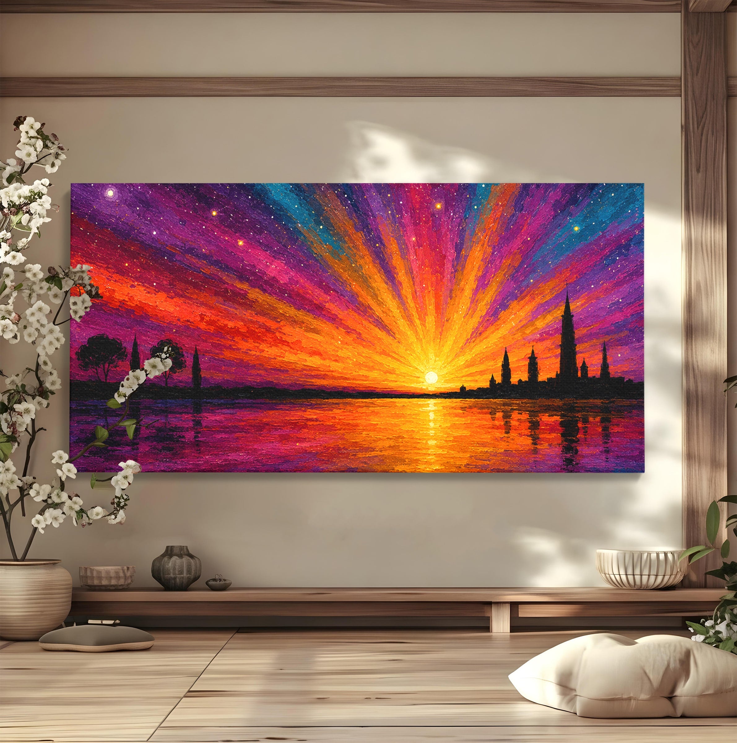 Tablou Canvas Premium LuxCanva® A1699, Apus Urban Pe Lac, Apus, Oras, Lac, Living, Peisaj, Culori Vibrante
