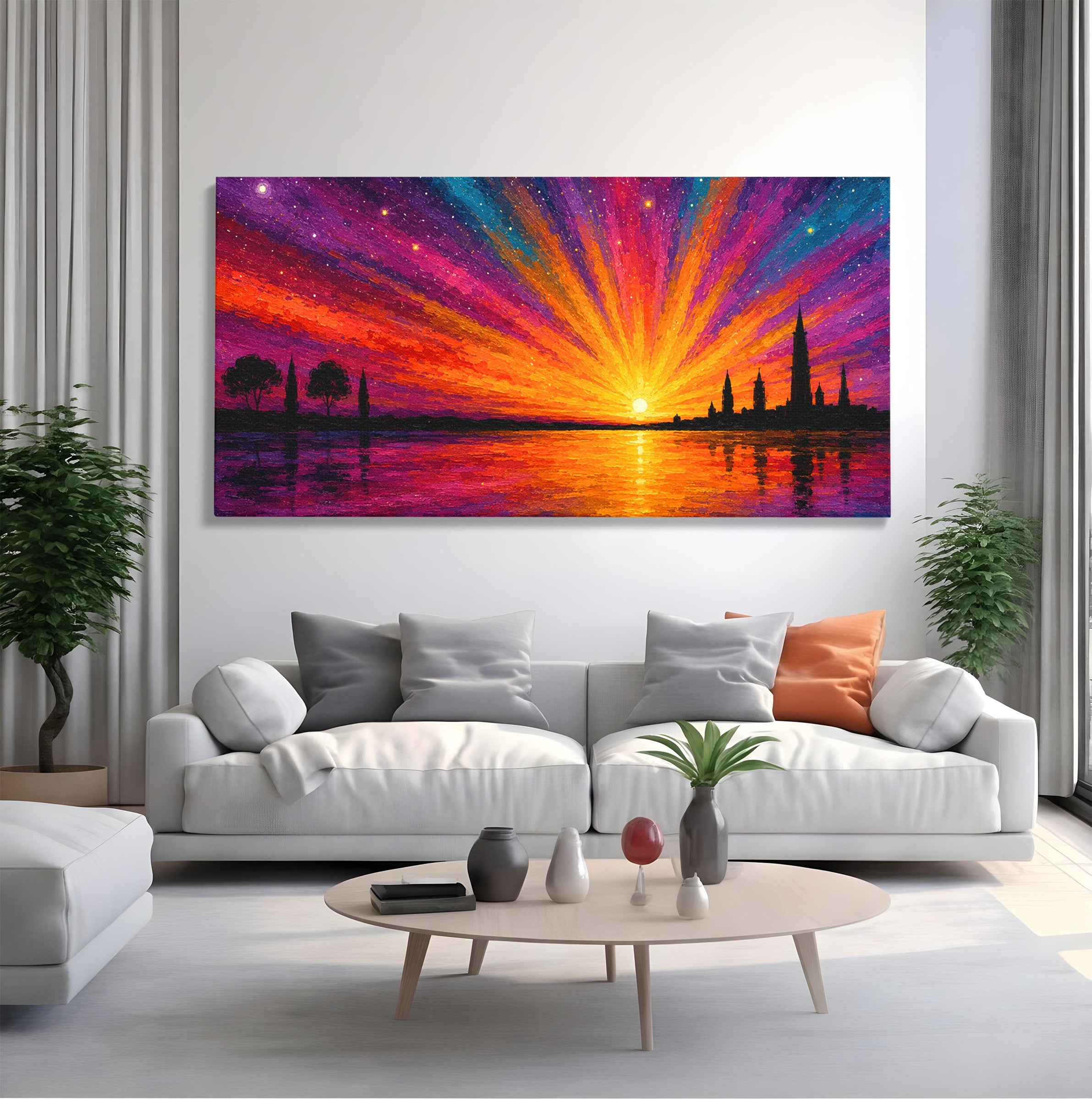 Tablou Canvas Premium LuxCanva® A1699, Apus Urban Pe Lac, Apus, Oras, Lac, Living, Peisaj, Culori Vibrante