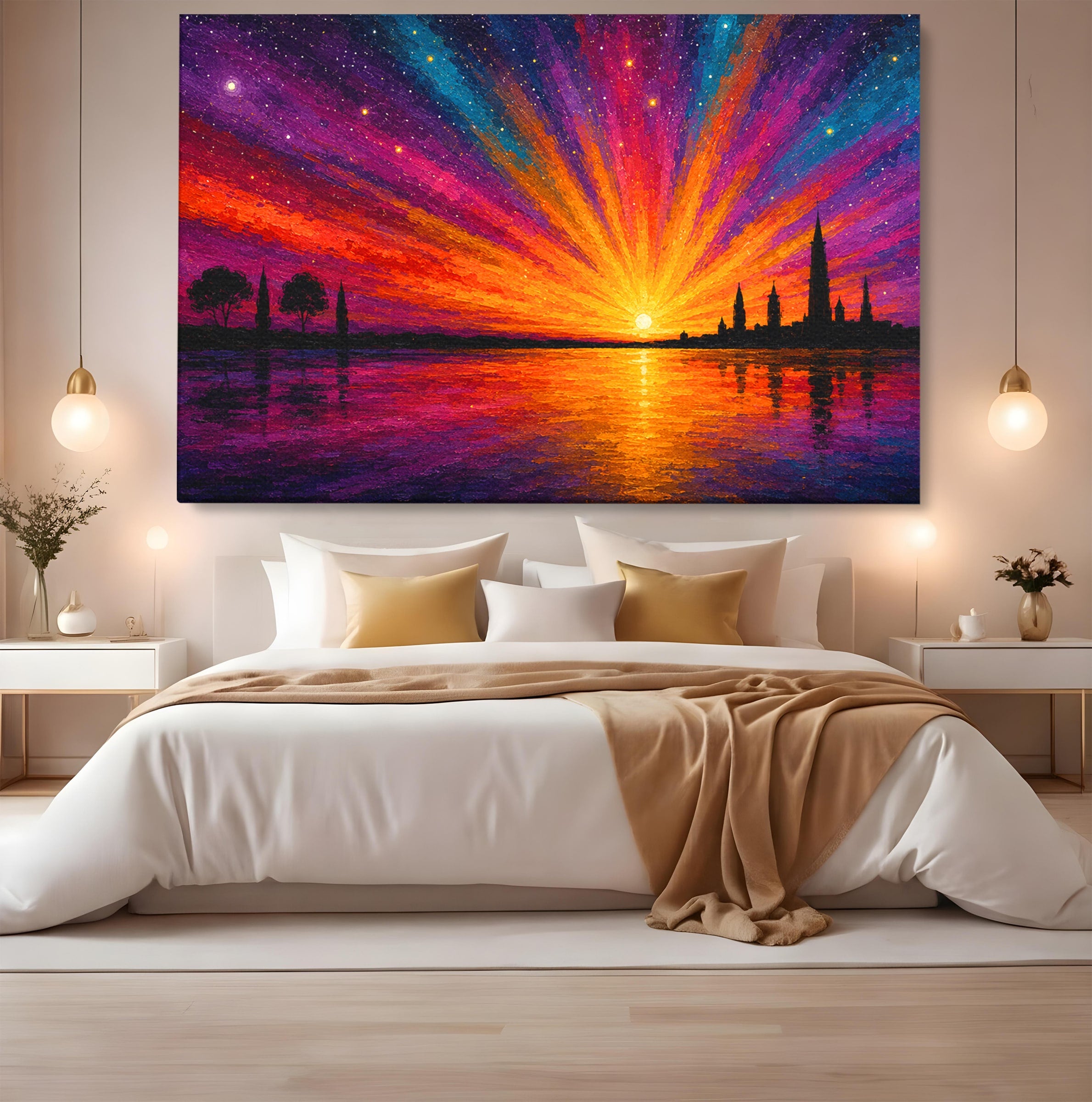 Tablou Canvas Premium LuxCanva® A1699, Apus Urban Pe Lac, Apus, Oras, Lac, Living, Peisaj, Culori Vibrante